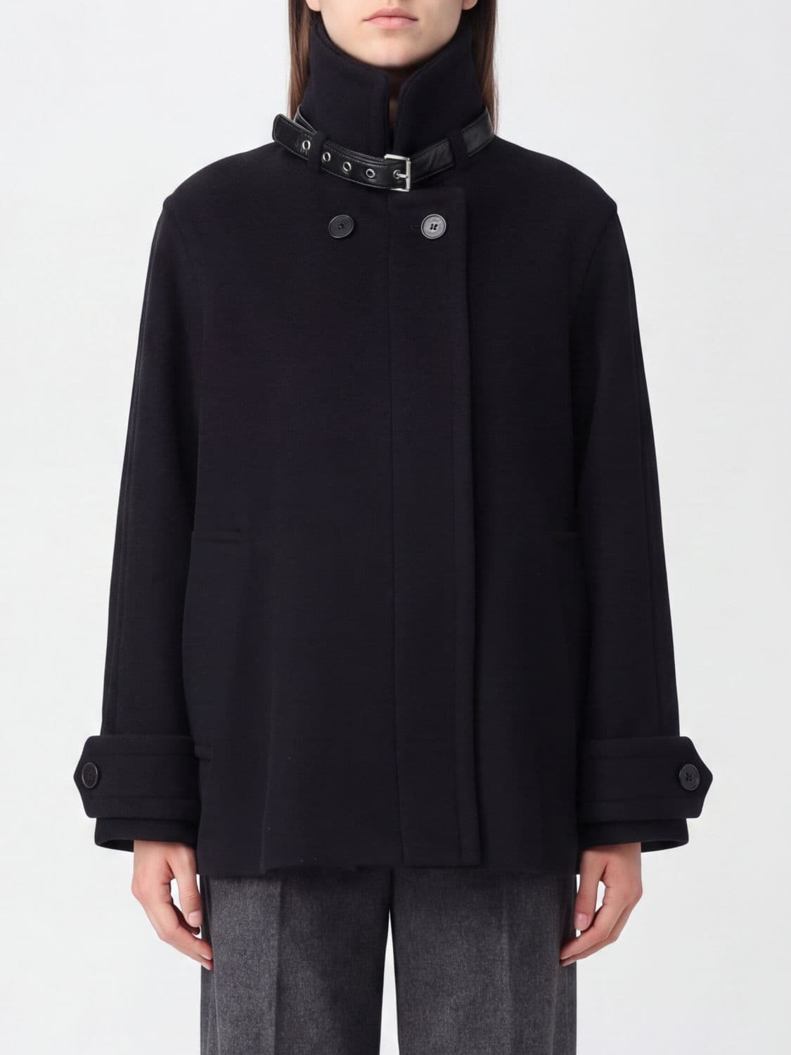 Lanvin Double-Breasted Virgin Wool Short Coat with Funnel Neck and Dropped Shoulders