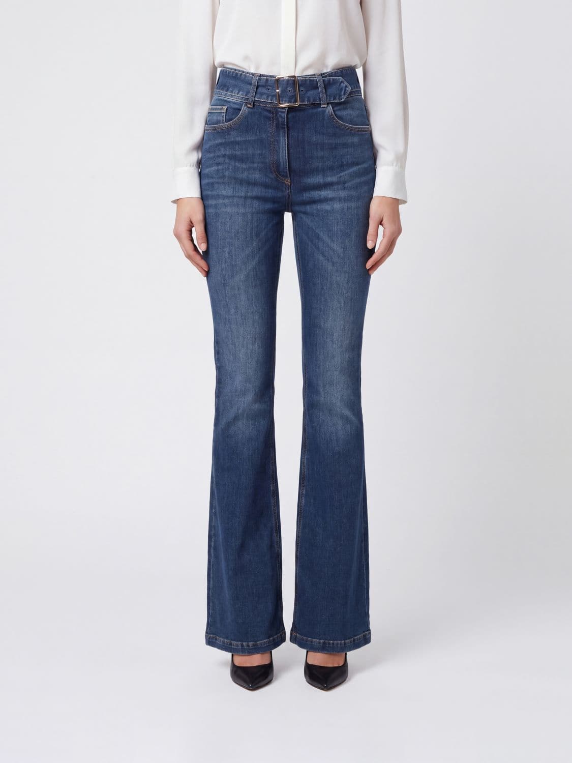 Elisabetta Franchi High-Waisted Skinny Flare Jeans in Cotton Denim