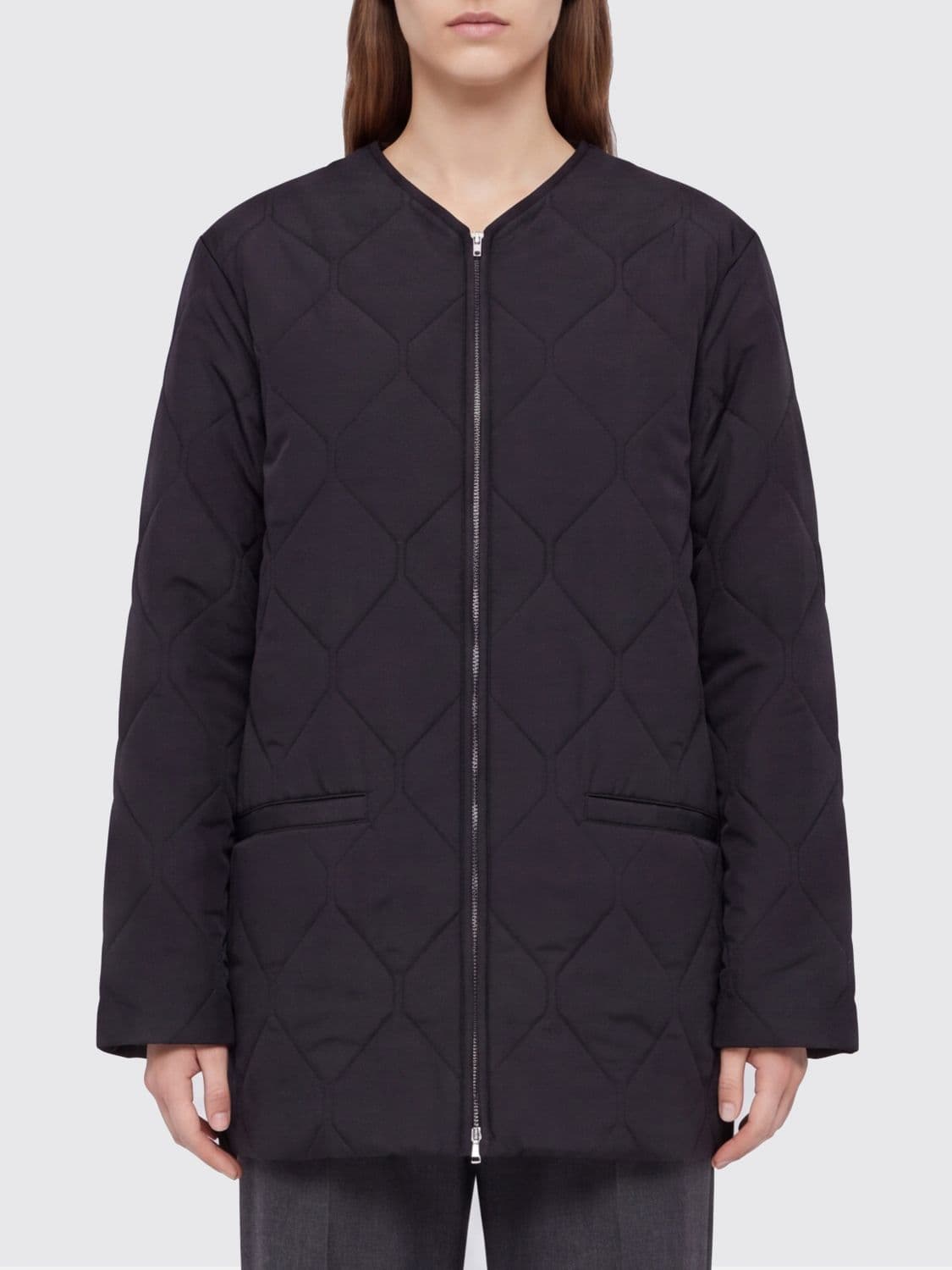Jil Sander Quilted Short Down Jacket in Polyester with Zip Closure and V-Neck