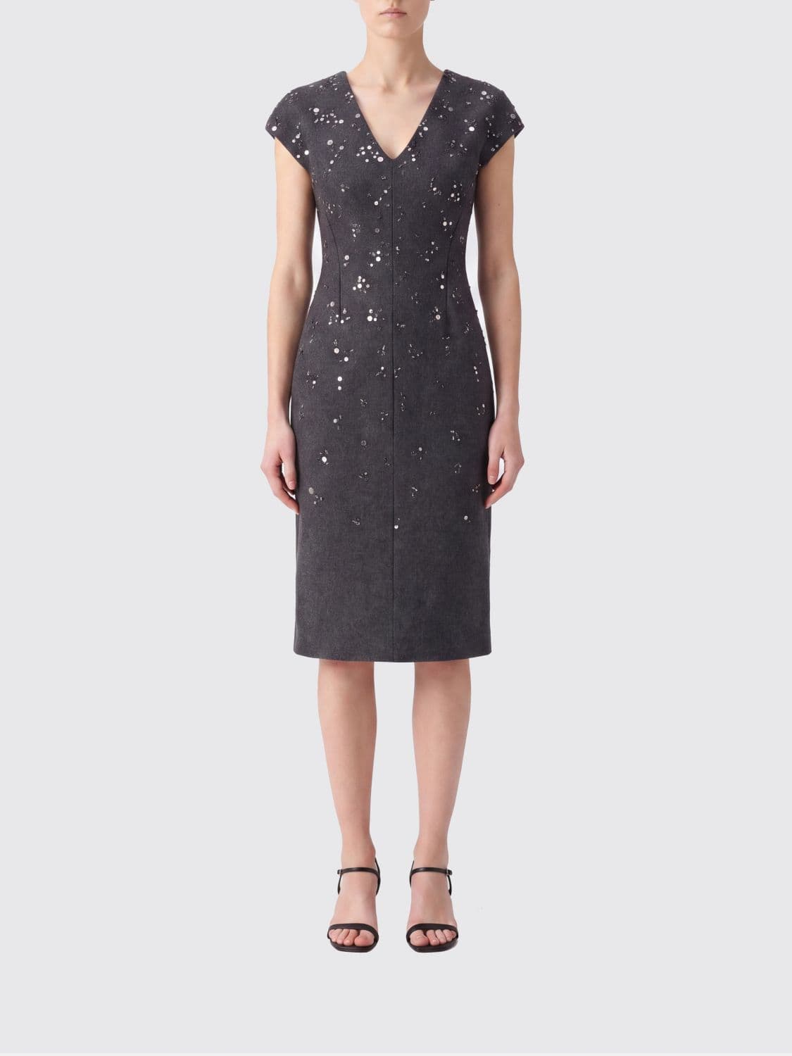 Jil Sander Grey Virgin Wool Midi Sheath Dress with Sequins and Slit · 40