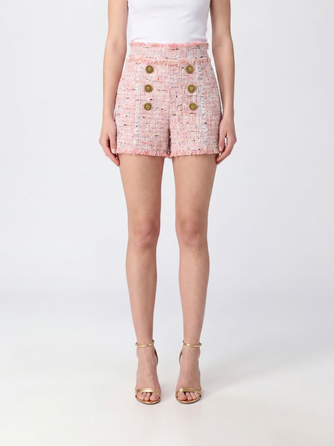 Balmain High-Waisted Tweed Shorts with Abstract Pattern and Buttons
