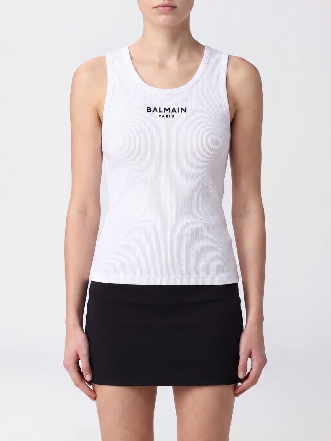 Balmain Sleeveless Cotton Top with Contrasting Logo and Slim Fit