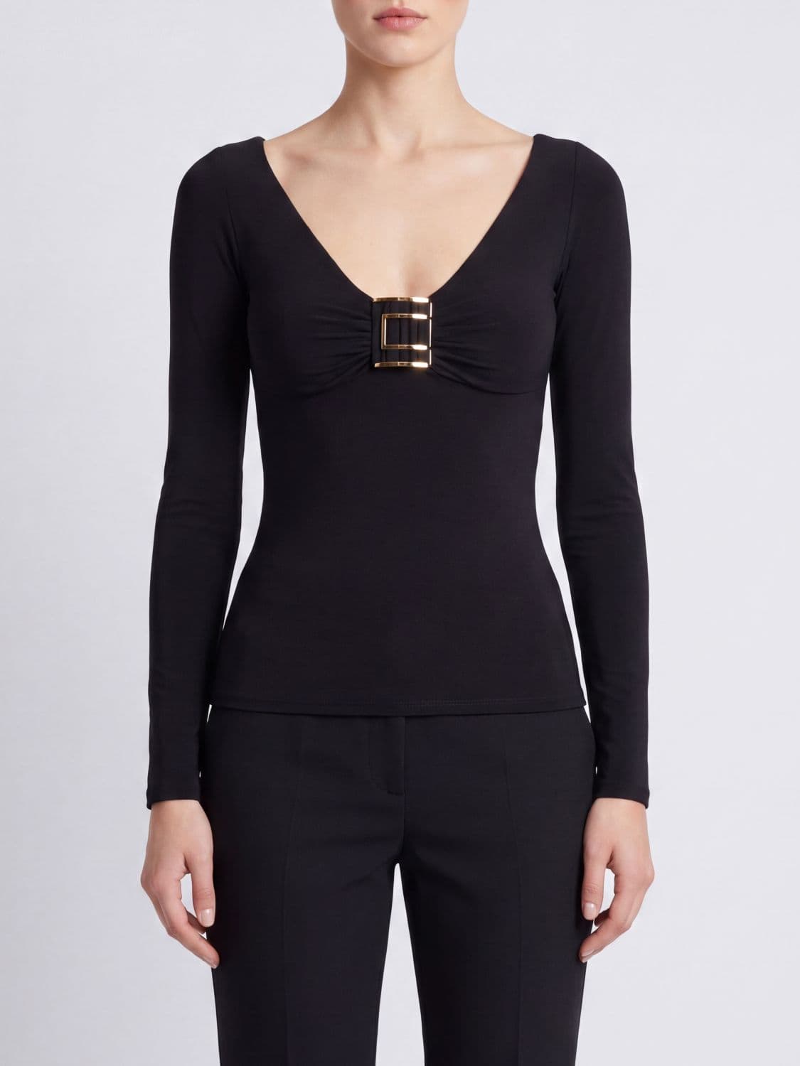 Elisabetta Franchi Long-Sleeved Slim Fit Top in Stretch Viscose with V-Neck