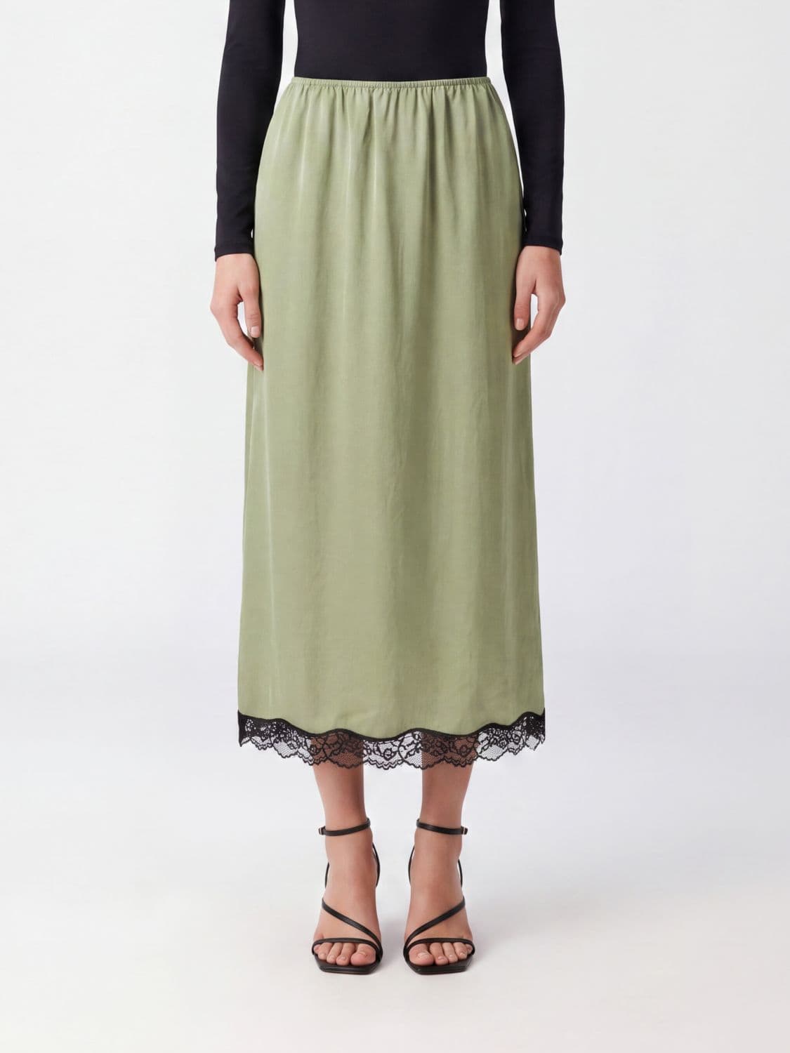 Twinset A-Line Satin Midi Skirt with Lace Inserts and High Waist