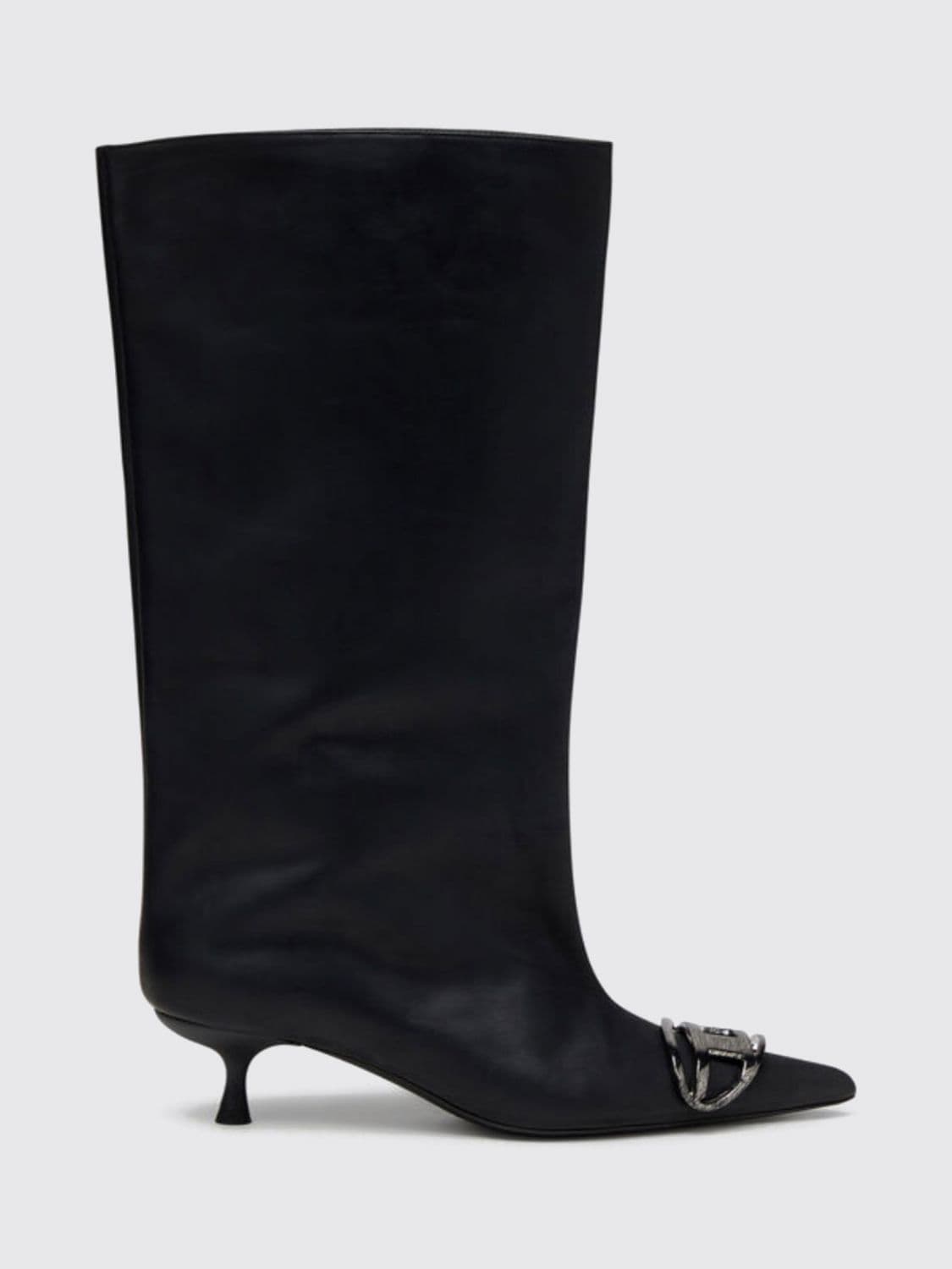 Diesel D-Venus Calf-High Leather Boots with Oval D Logo and Stiletto Heel