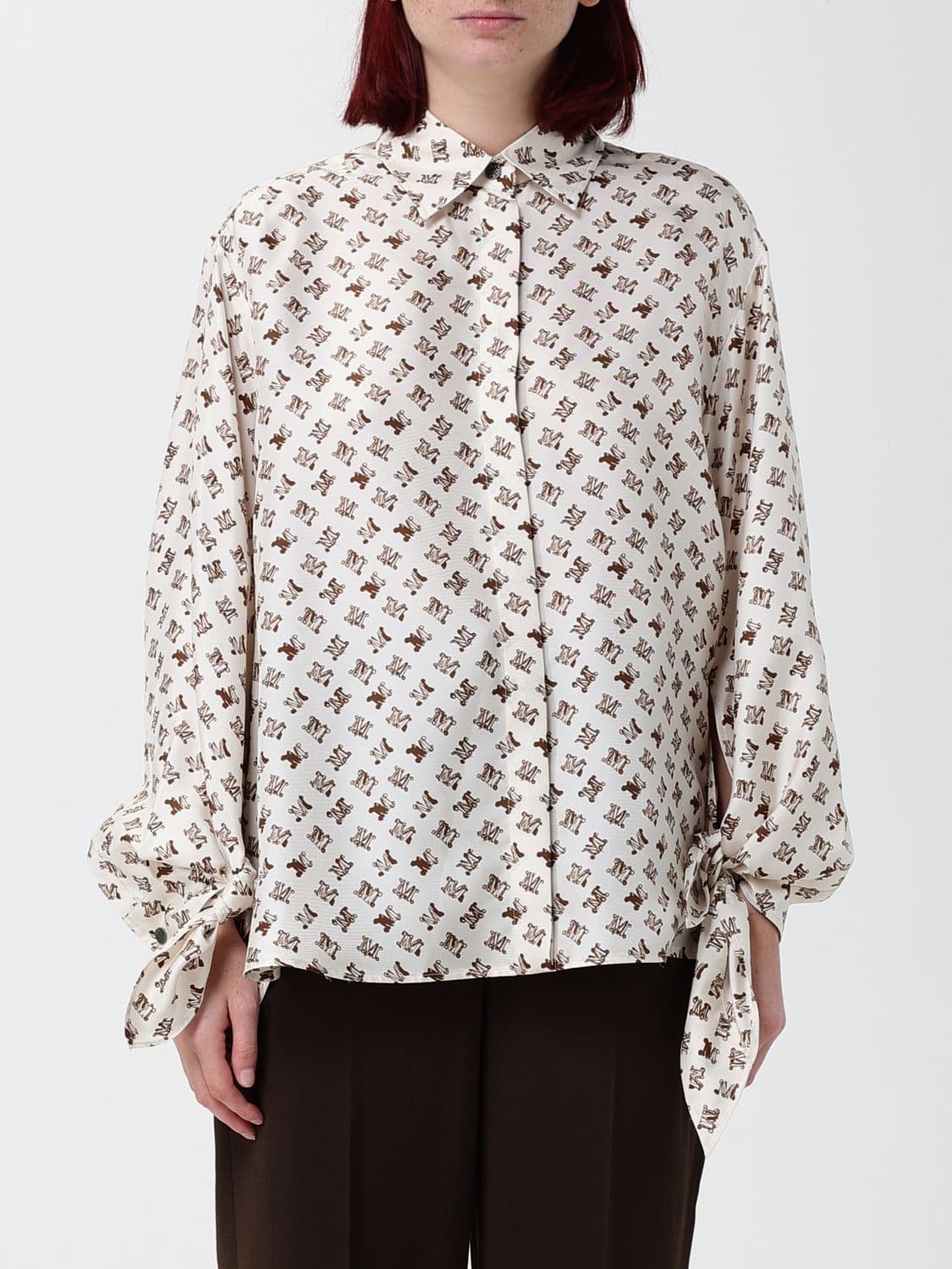 Max Mara Monogram Print Silk Shirt with French Collar and Concealed Placket