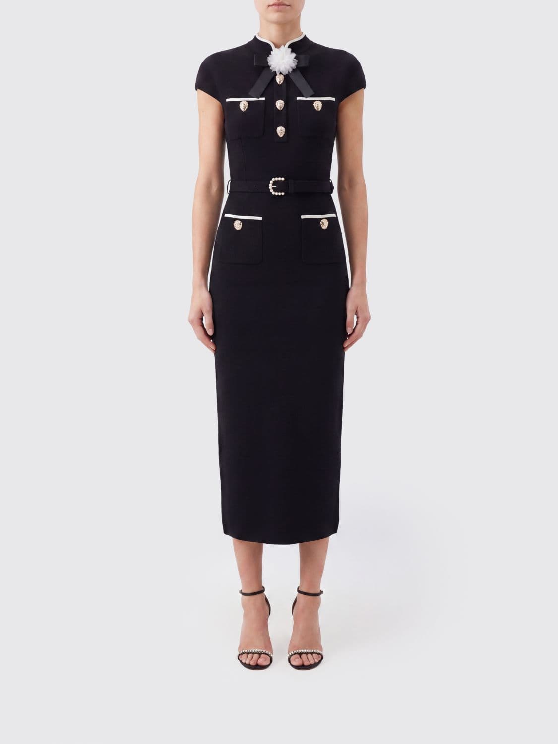 Self-Portrait Sheath Midi Dress in Wool Crepe with Jewelled Buttons and a Decorative Bow