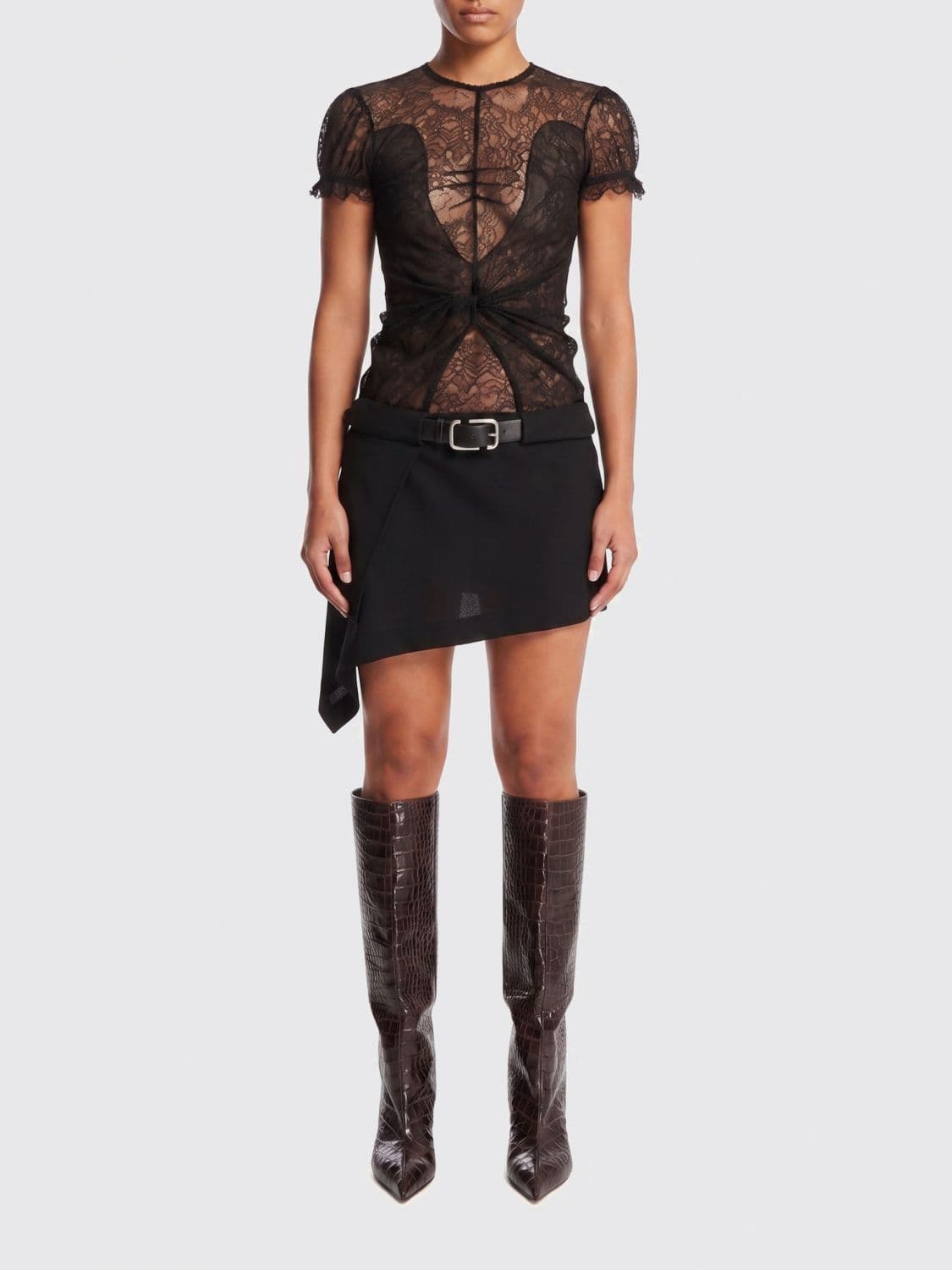 The Attico Asymmetrical Lace and Jersey Crewneck Mini Dress with Slim Fit