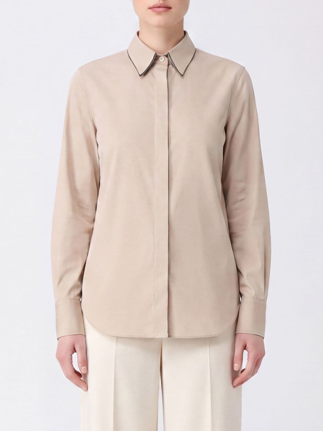 Brunello Cucinelli Pussy-Bow Cotton Shirt with Monili Detail