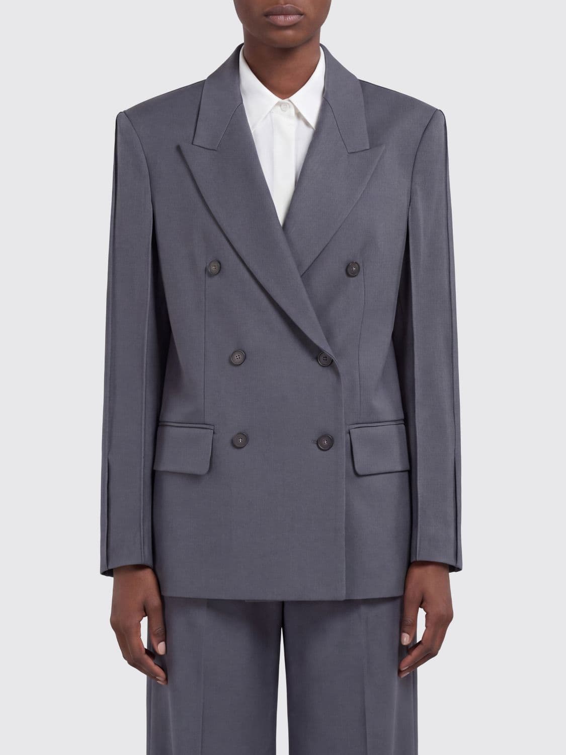Erika Cavallini Double-Breasted Pure Virgin Wool Blazer with Padded Shoulders