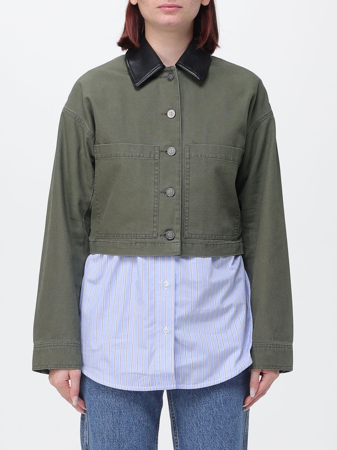 Anine Bing Yuma Cotton Shirt Jacket with Contrast Leather Collar