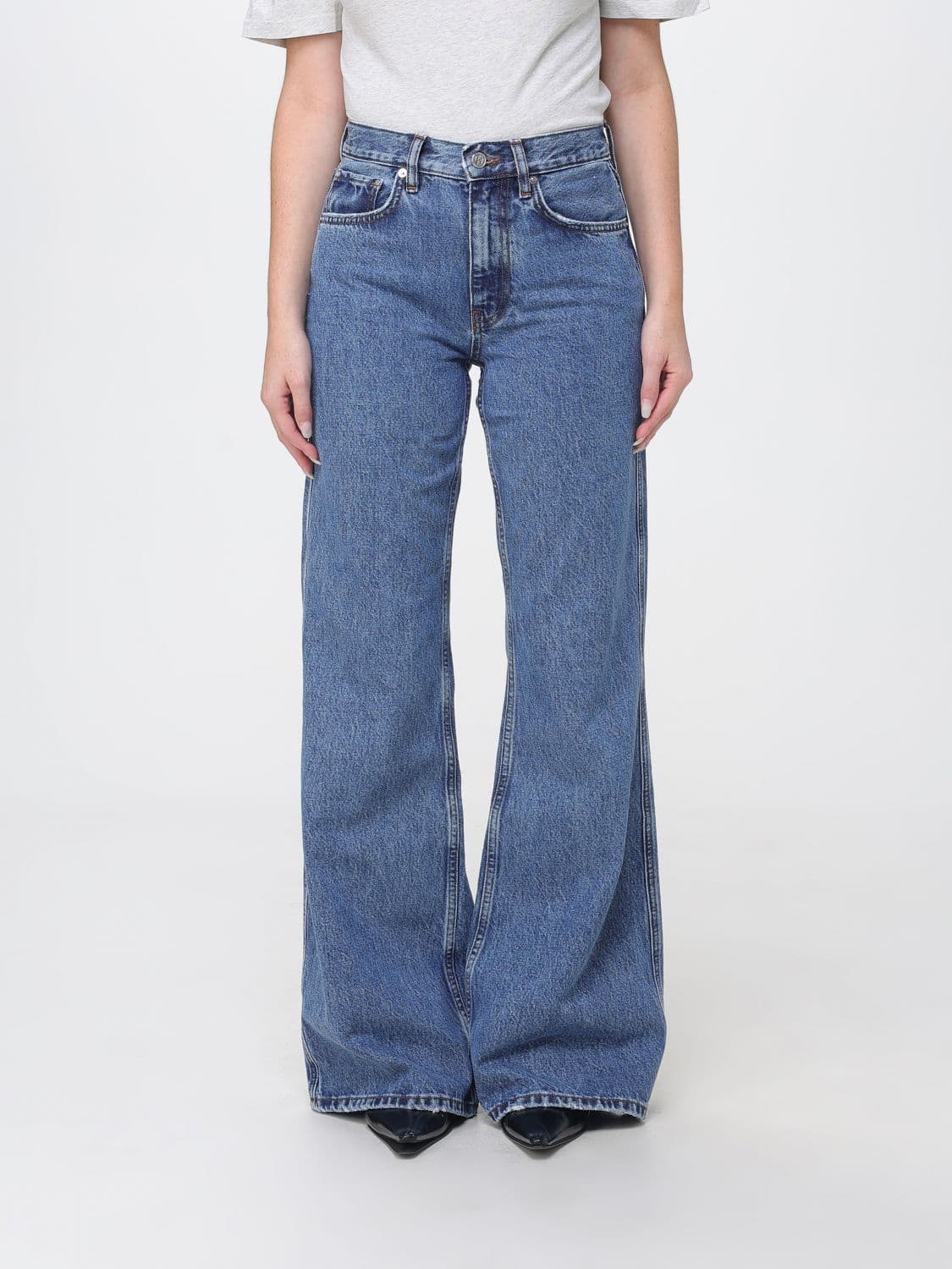 Anine Bing Mid-Rise Flare Jeans in Cotton Denim with Patch Pockets