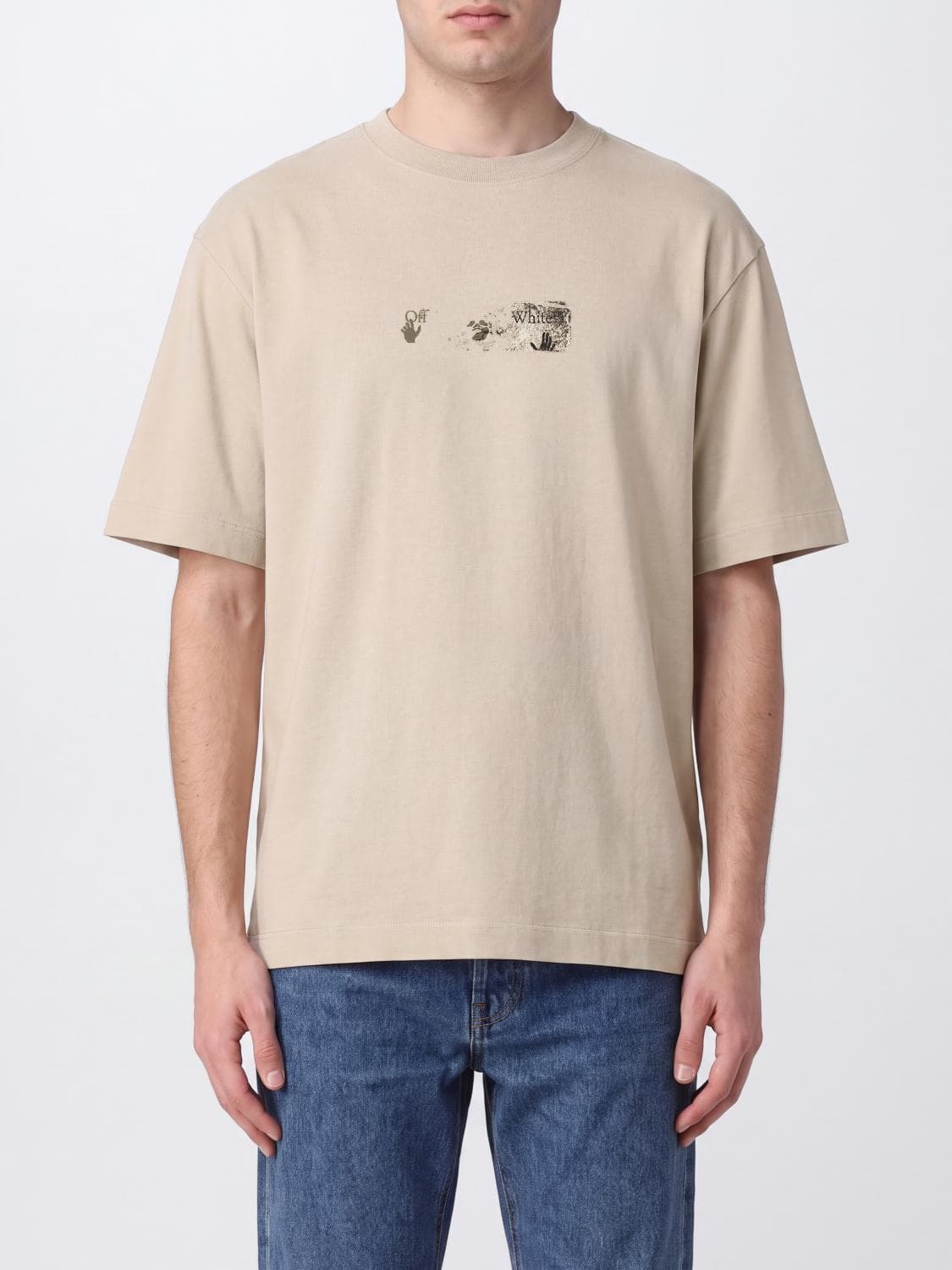 Off-White Cotton T-Shirt with Graphic Print and Dropped Shoulders