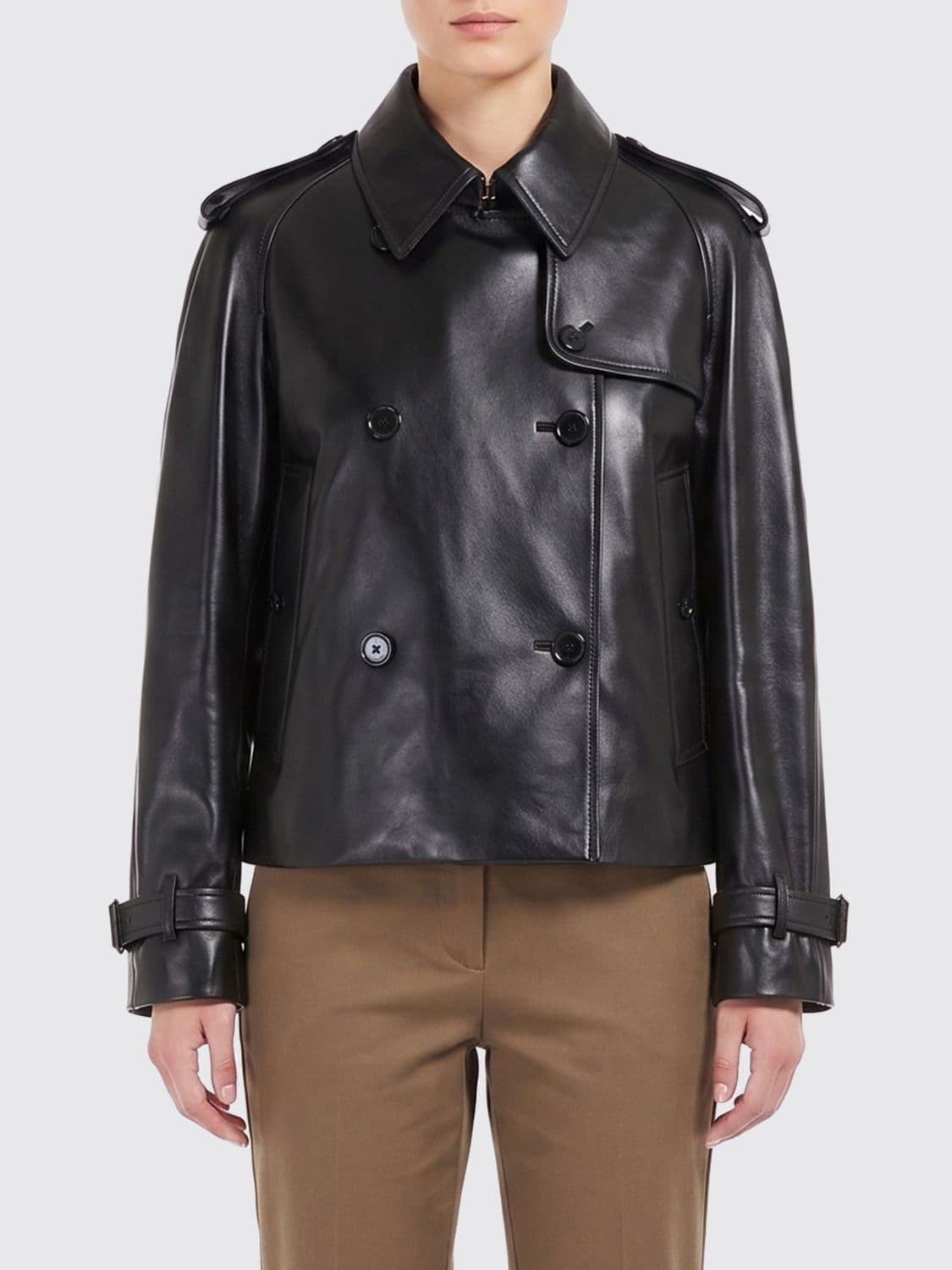 Burberry Myfair Cropped Double-Breasted Lambskin Leather Trench Coat