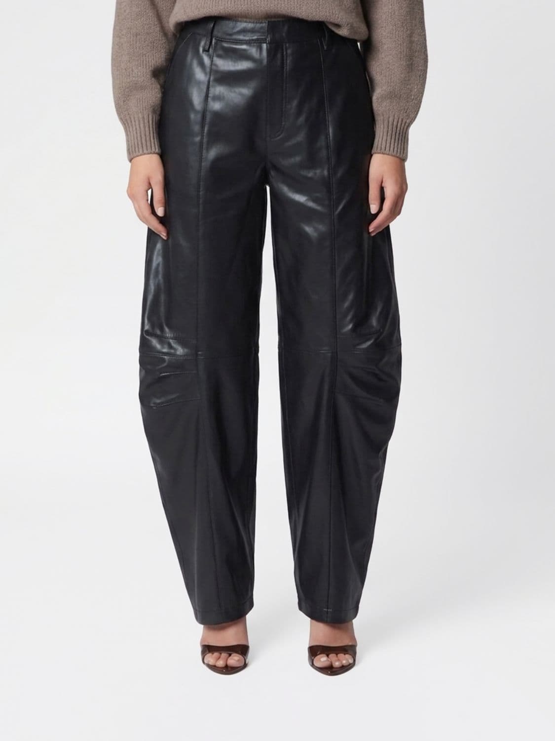Rotate High-Waisted Baggy Wide-Leg Trousers in Smooth Lambskin Leather