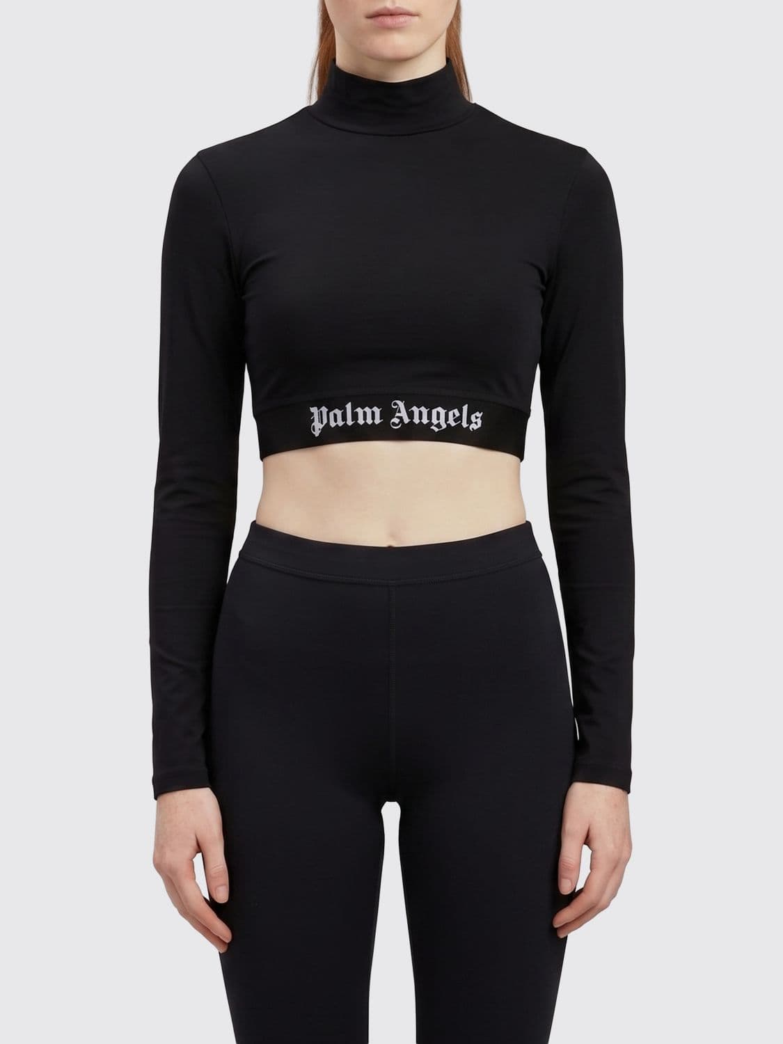 Palm Angels Cropped Long-Sleeve Turtleneck Top in Jersey with Logo