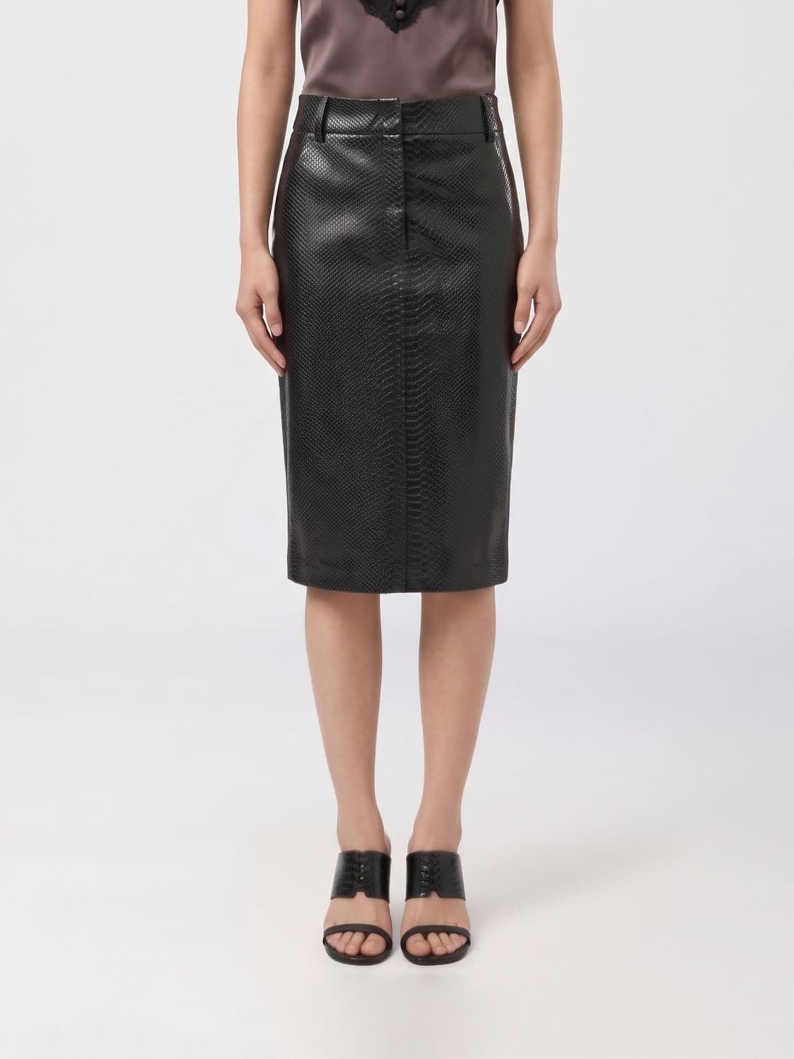 The Andamane Asymmetrical Hem Faux Leather Midi Pencil Skirt