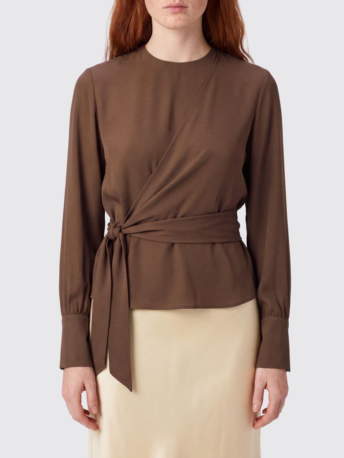 Federica Tosi Draped Viscose Blouse with Tie-Waist Belt and Long Sleeves