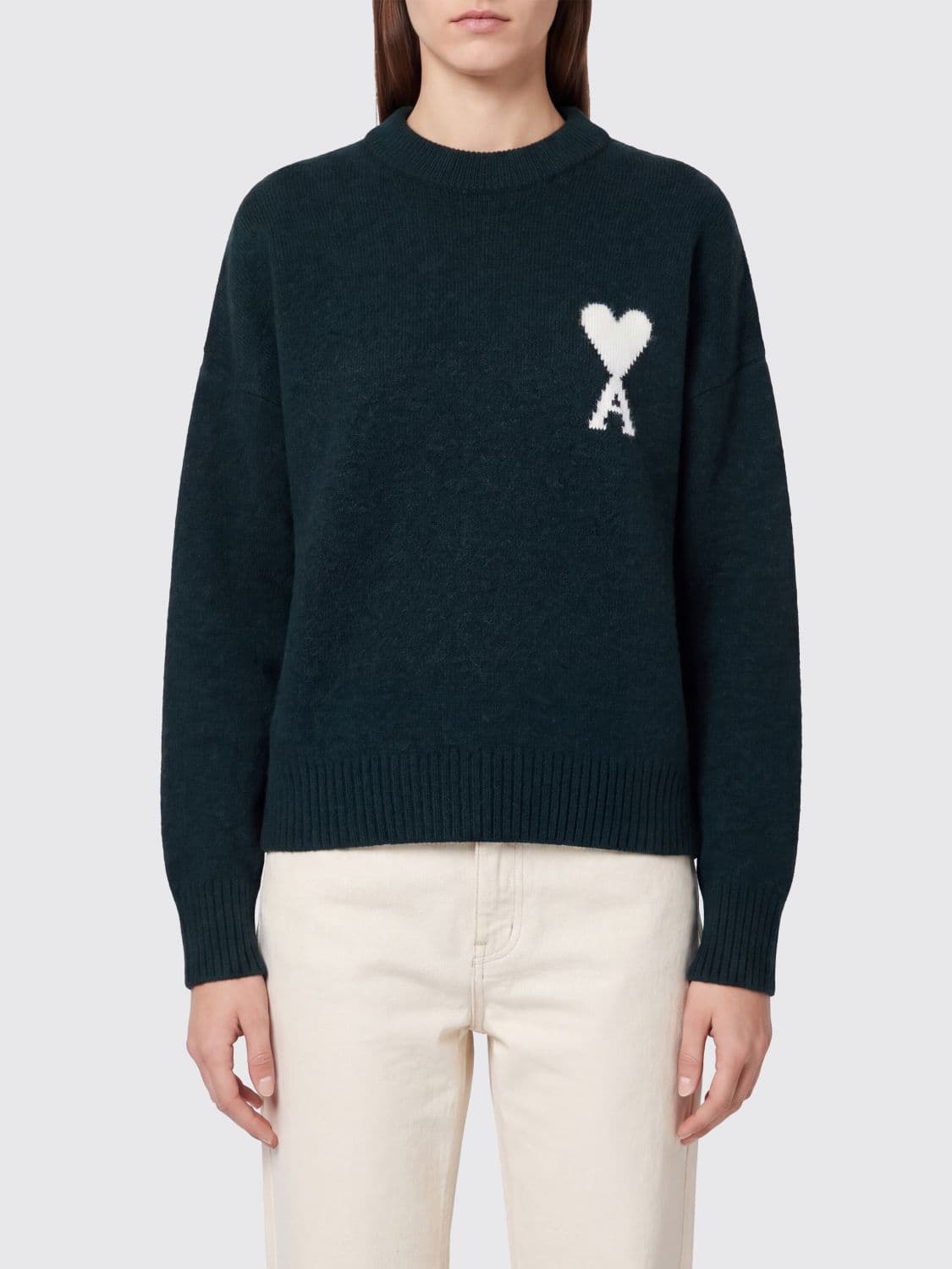 Ami Paris Wool and Alpaca Crewneck Jumper with Jacquard Logo