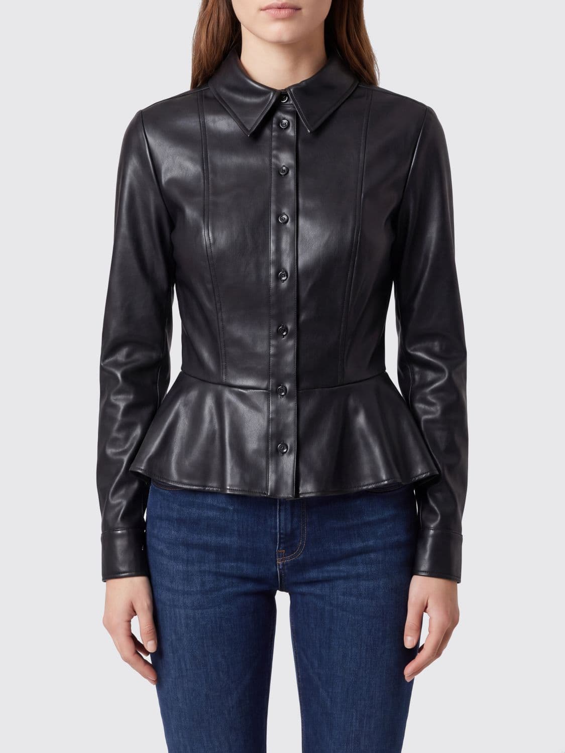 Elisabetta Franchi Faux Leather Shirt Jacket with Ruffled Hem