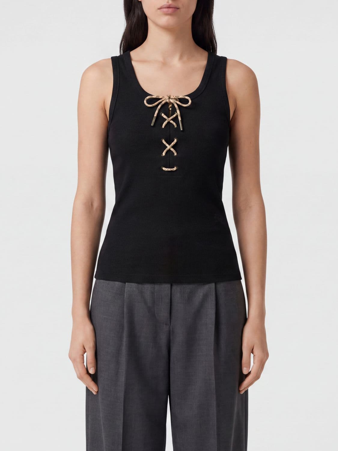 Burberry Slim Fit Cotton Top with Square Neck and Woven Ties