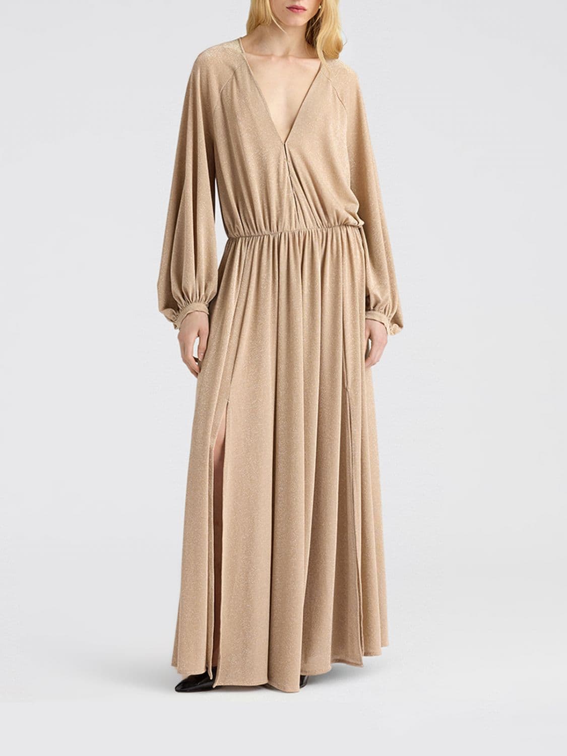 Momonì Geisli V-Neck Long Tunic in Lurex Jersey with Balloon Sleeves