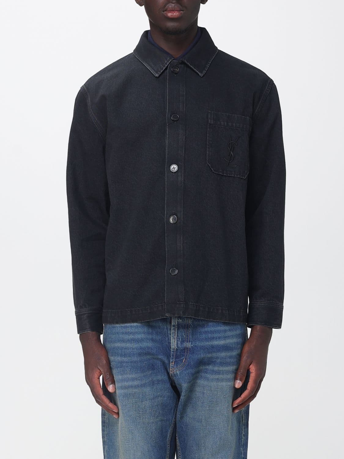 Saint Laurent Cotton Denim Shirt Jacket with Embroidered YSL Monogram