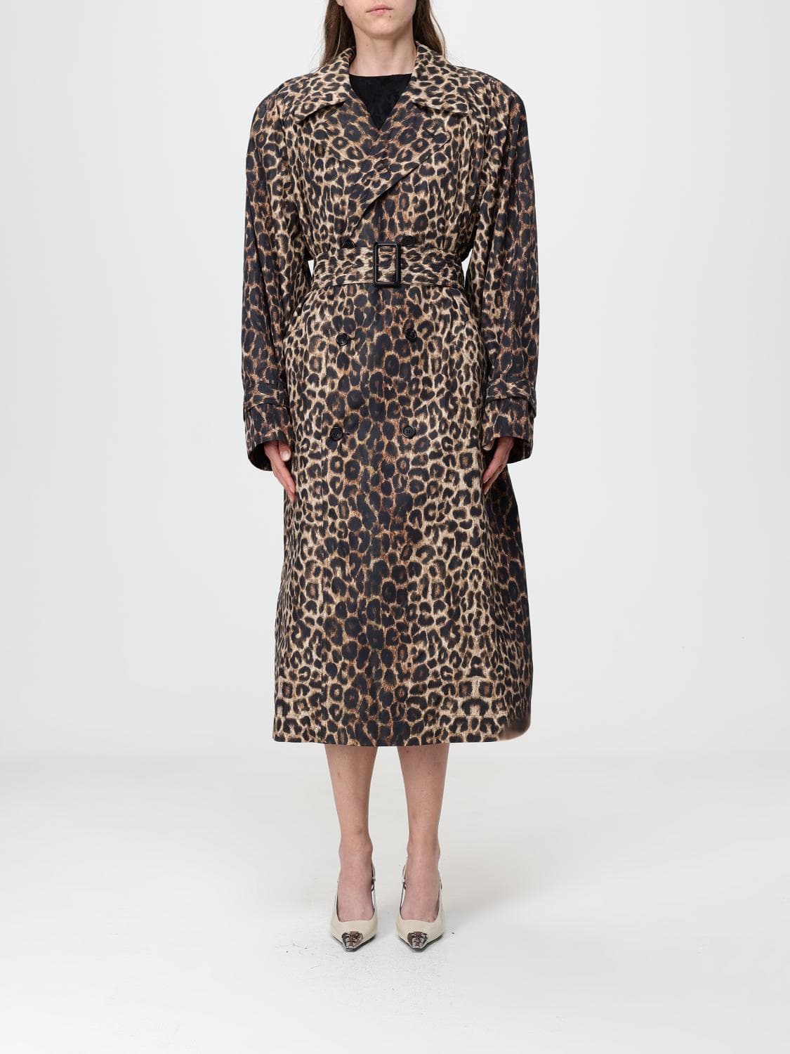 Saint Laurent Animal Print Double-Breasted Trench Coat with Belt · 38