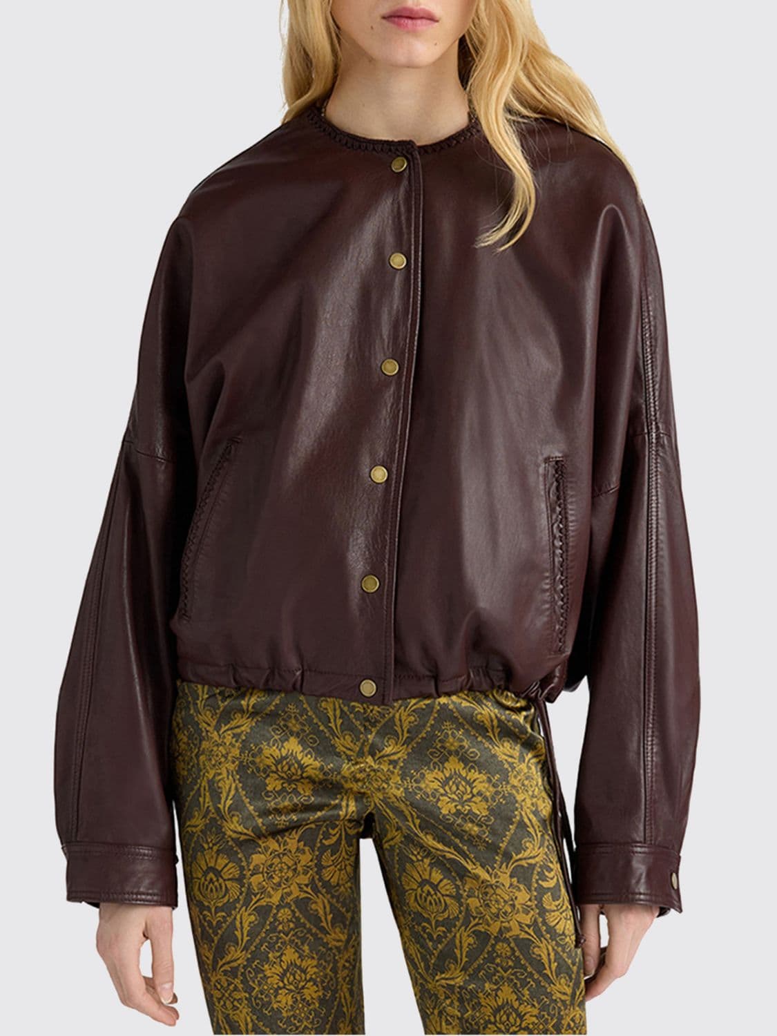 Momonì Relaxed Fit Leather Bomber Jacket with Crew Neck and Dropped Shoulders