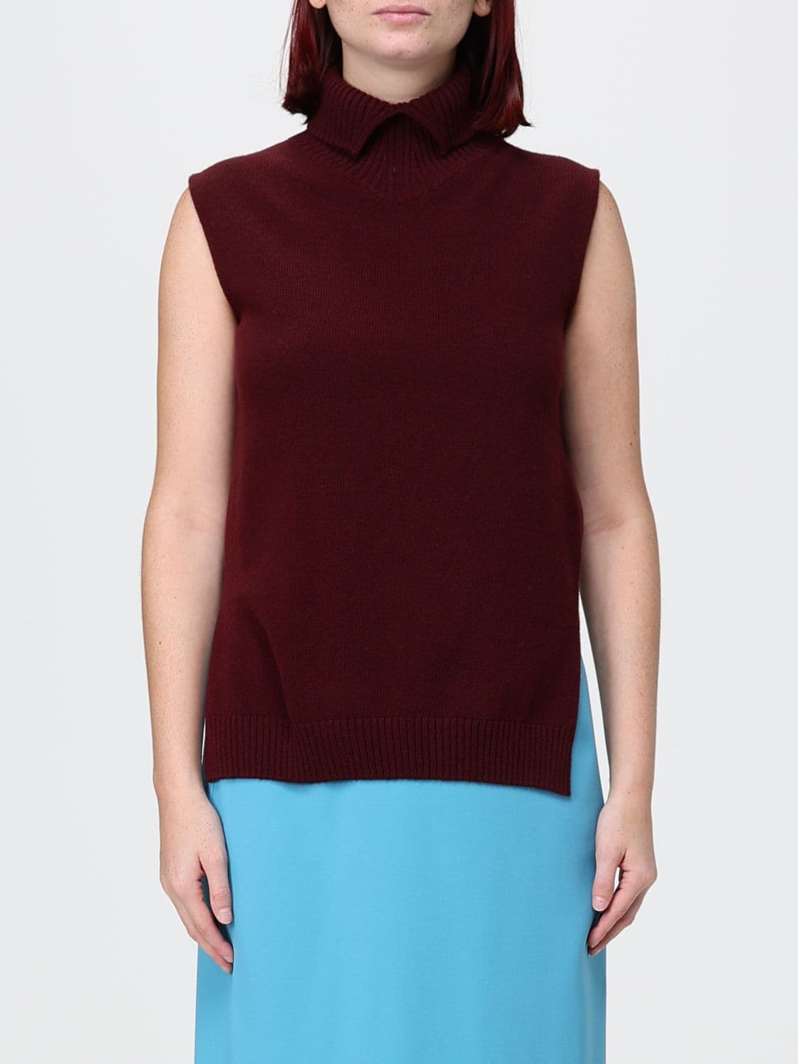 Jil Sander Sleeveless Wool Knit Polo Neck with Ribbed Trims