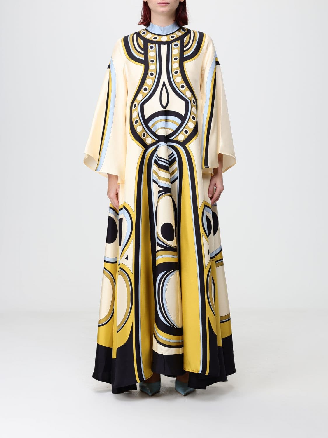 La Doublej Magnifico High-Neck Ethnic Print Silk Long Tunic Gown
