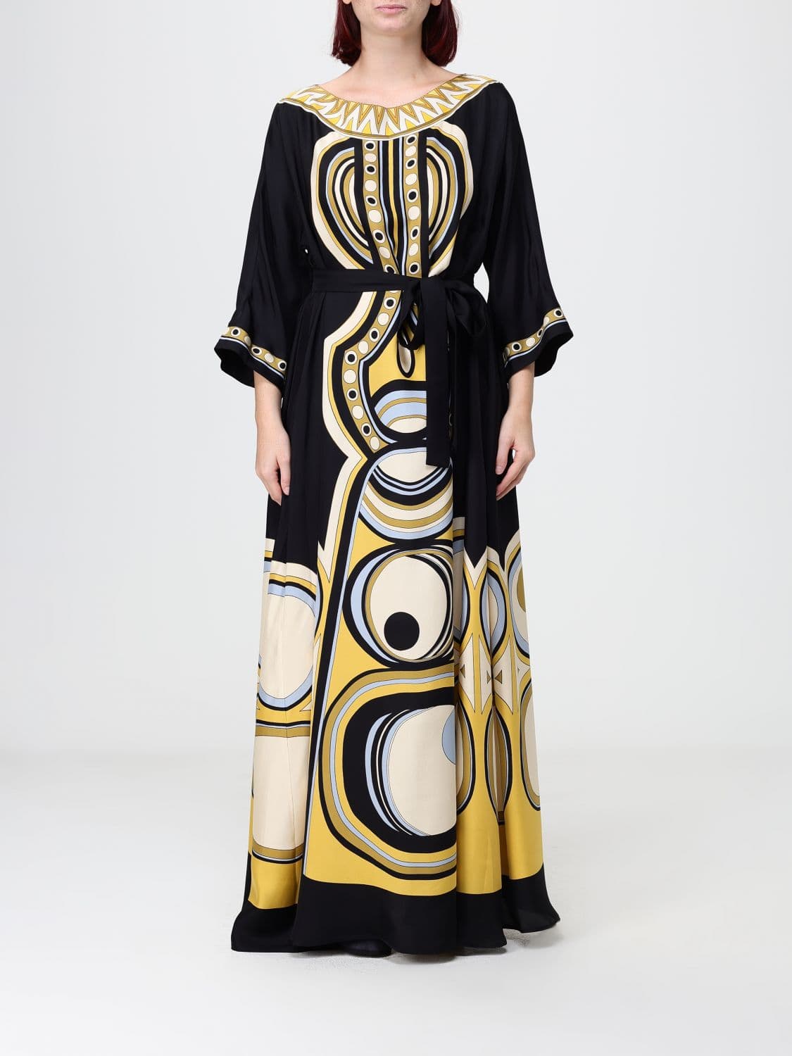 La Doublej Ethnic Print Silk Long Evening Gown with a Tie-Waist Belt · S