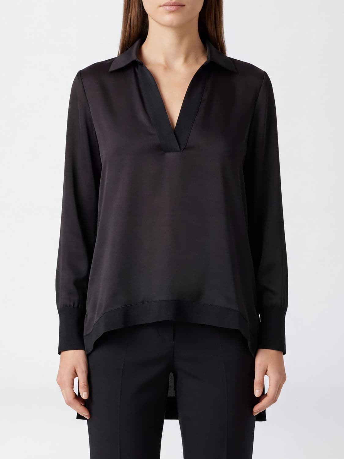 Paula Classic Collar V-Neck Blouse in Matte Silk Satin with Long Sleeves