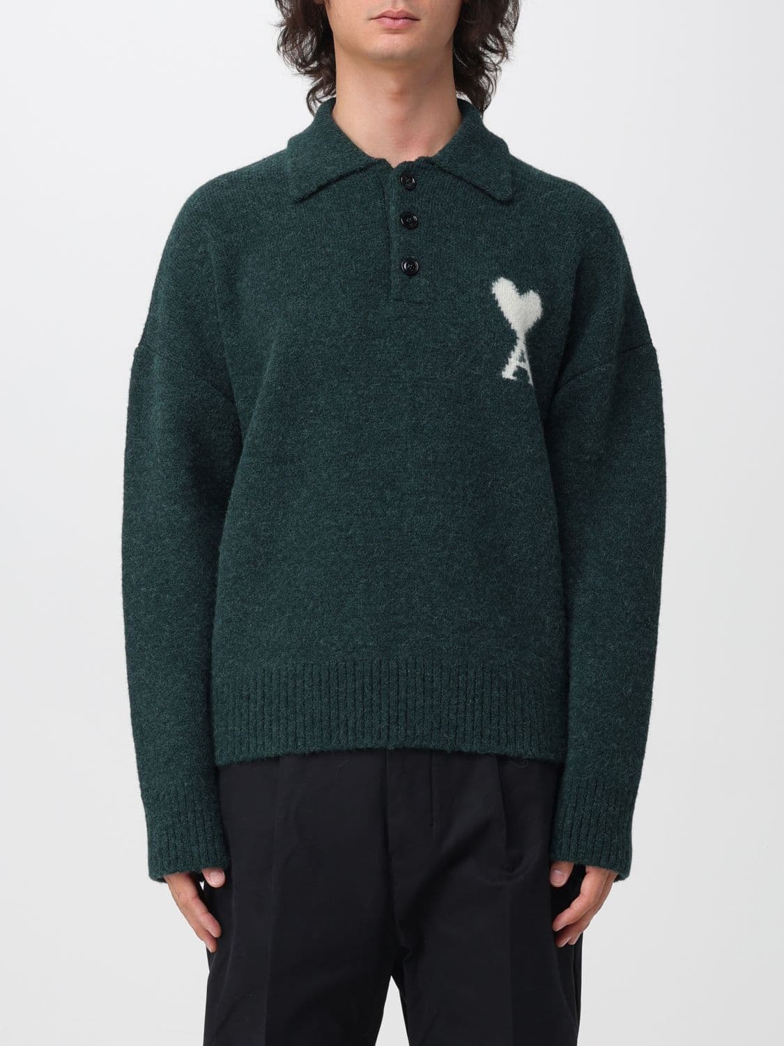 Ami Paris Alpaca Wool Blend Knitted Polo Shirt with Jacquard Logo