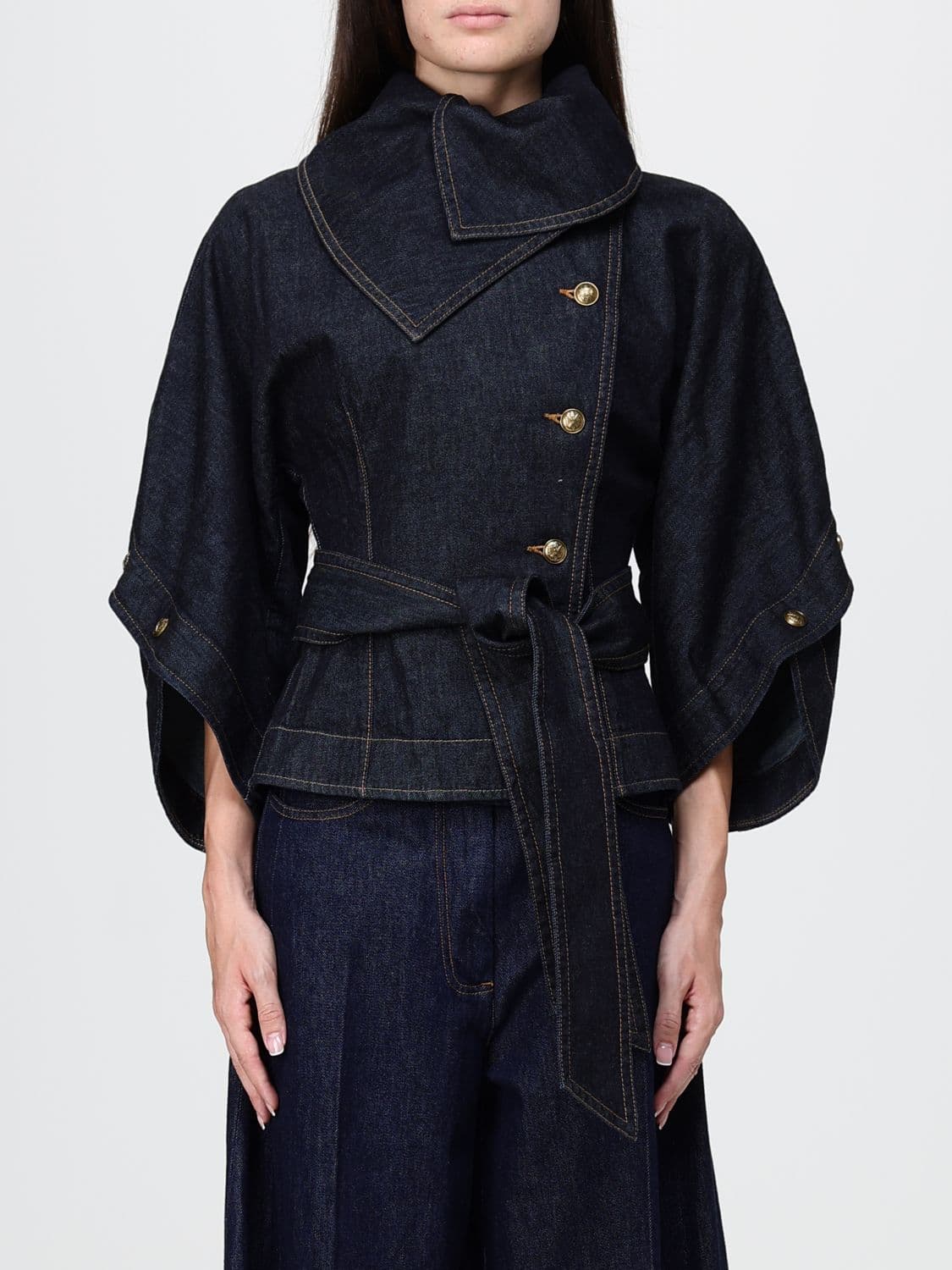 Zimmermann Valiant Cropped High-Neck Denim Jacket with Asymmetric Fastening