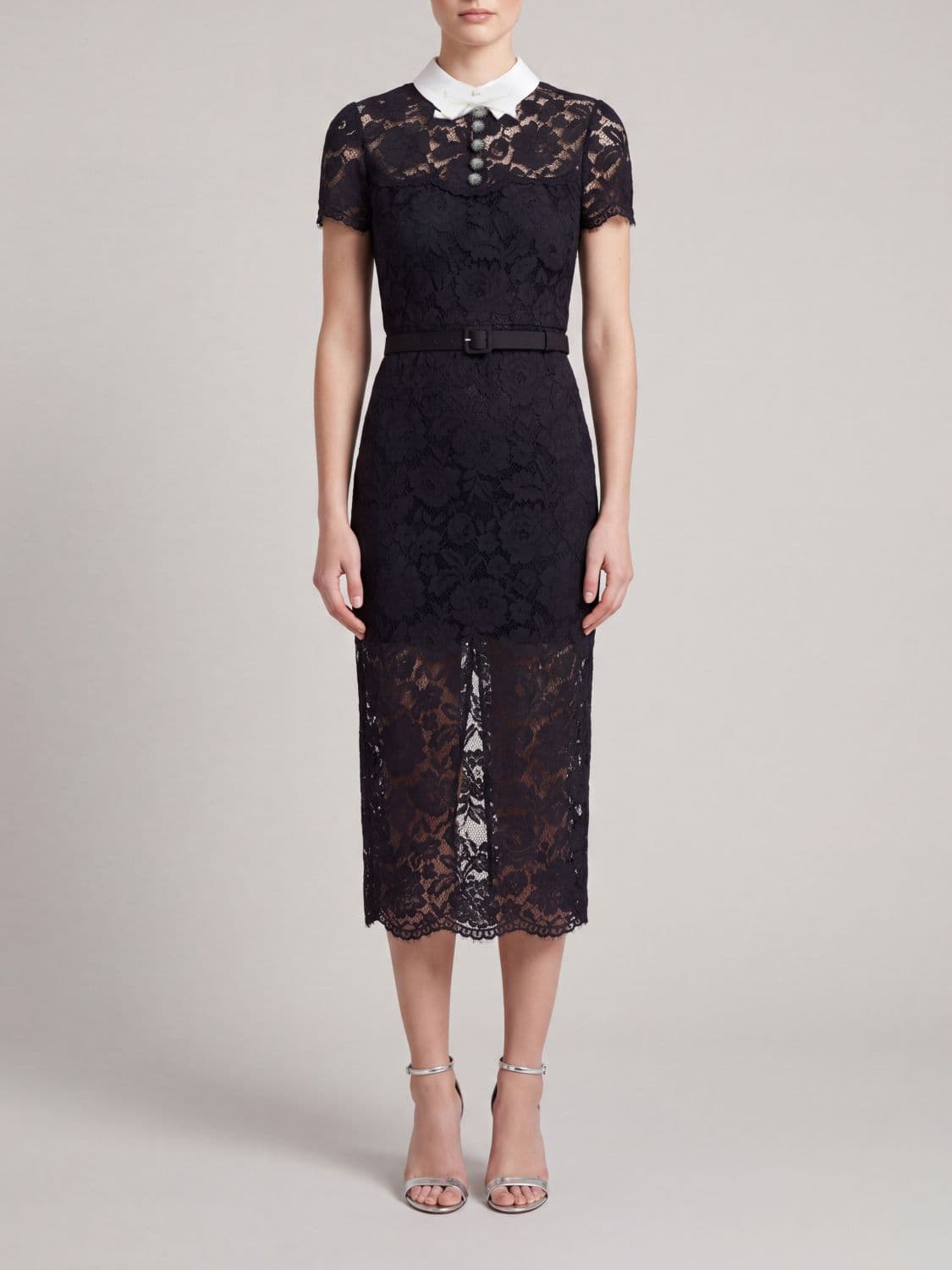 Self-Portrait Midi Lace Sheath Dress with Jewel Buttons and Belt