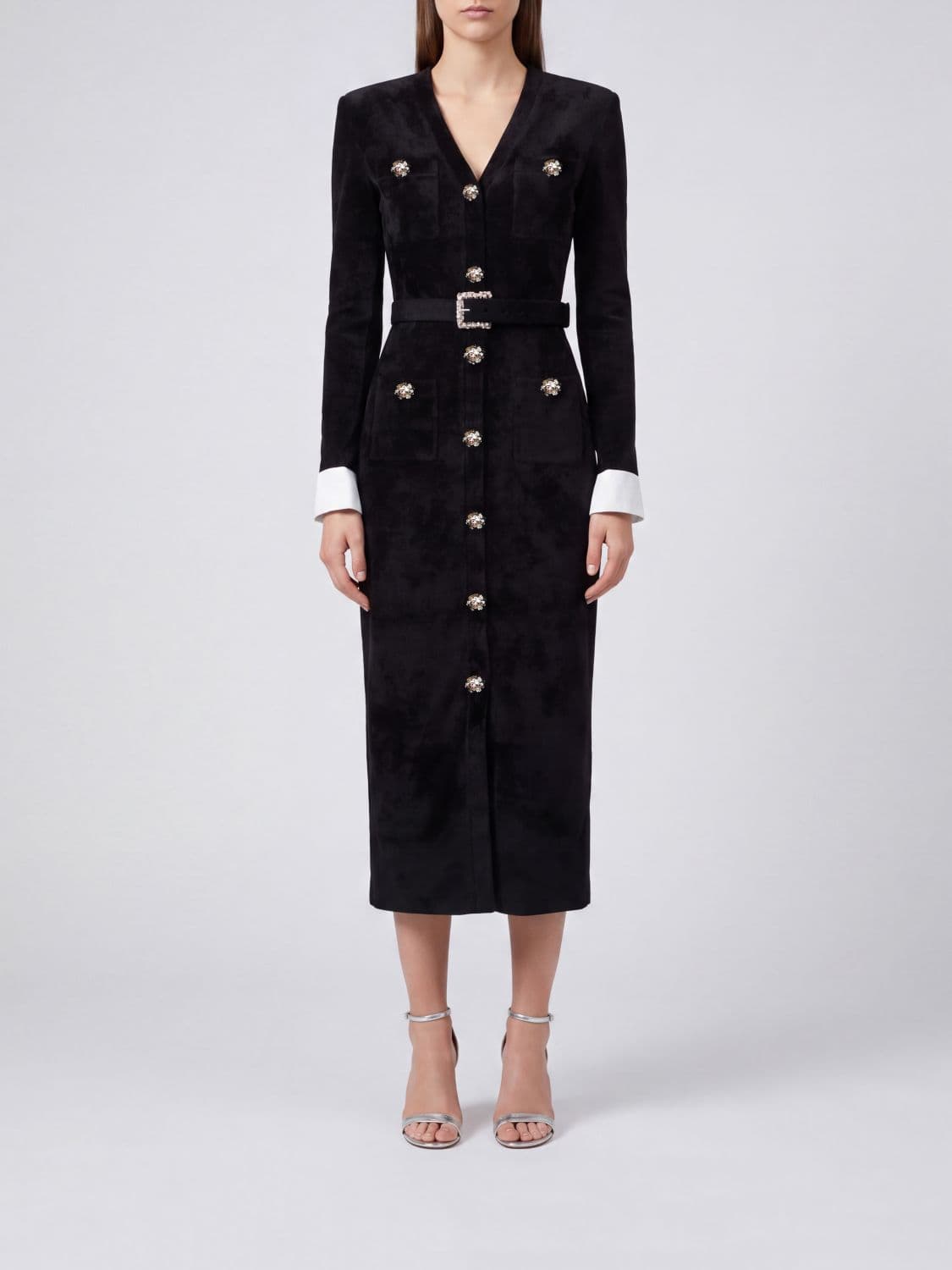 Self-Portrait Velvet Midi Sheath Dress with Jewel Buttons and Padded Shoulders