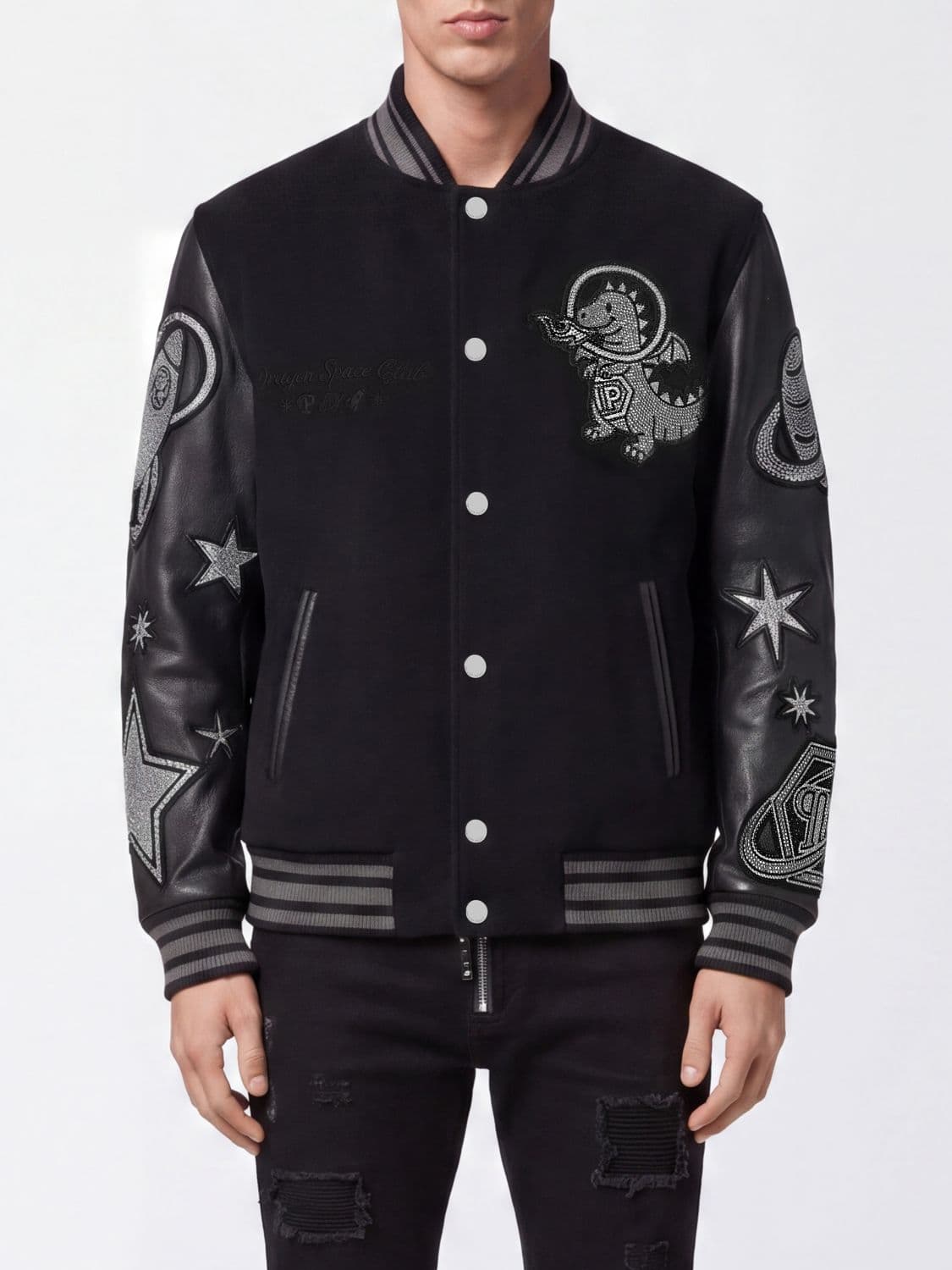 Philipp Plein Crystal-Embellished Logo and Embroidery Bomber Jacket