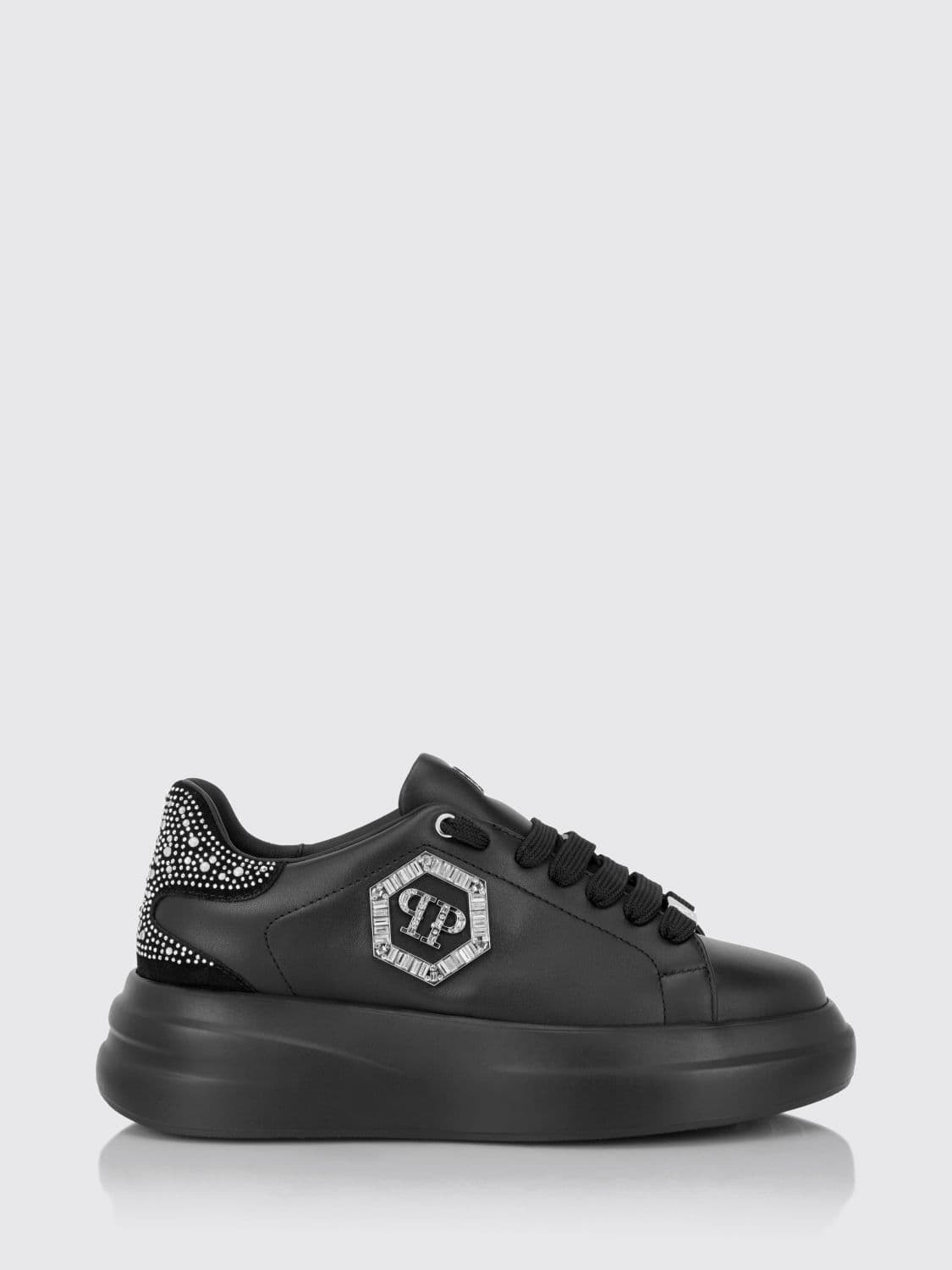 Philipp Plein Leather Chunky Sneakers with Hexagon Logo and Rhinestones