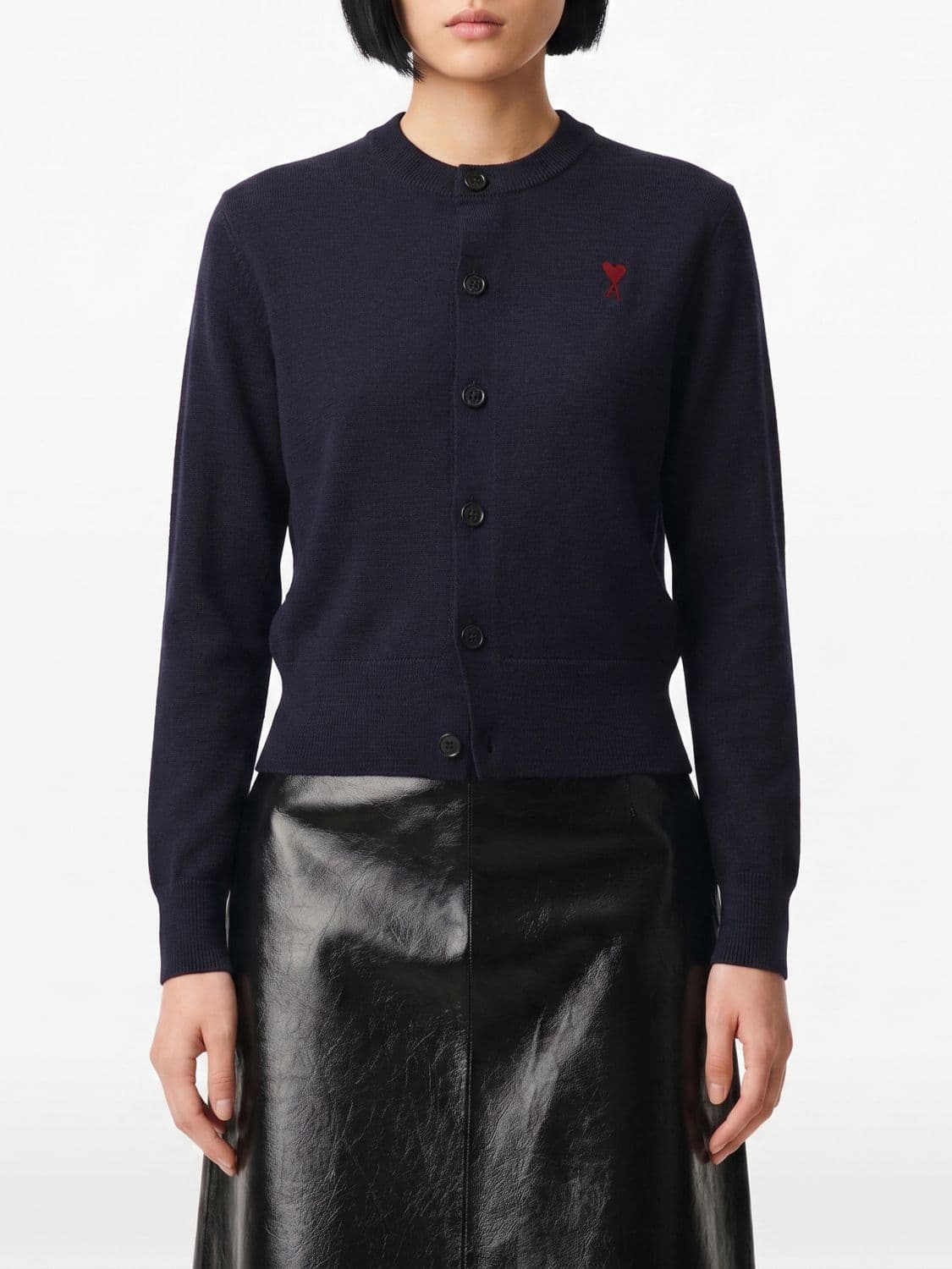Ami Paris Crewneck Cardigan in Pure Merino Wool with Embroidered Logo