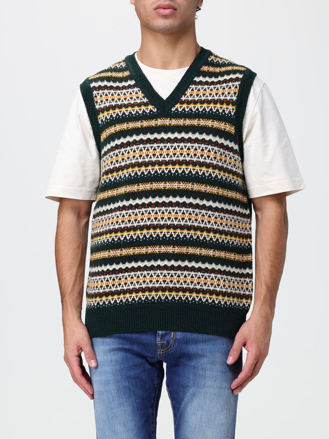 Sebago Striped Wool Knit Vest with V-Neck