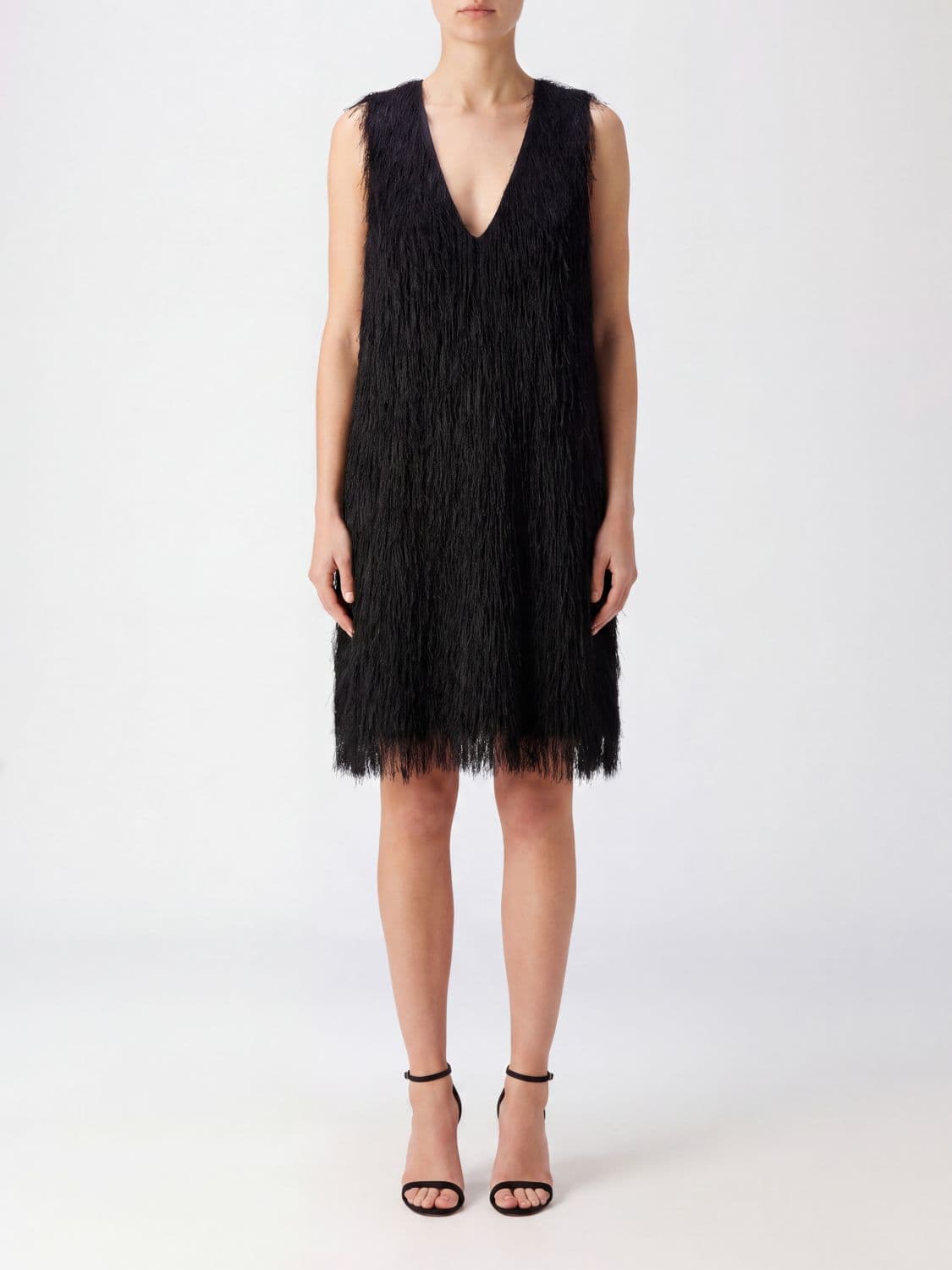 Max Mara Pure Sleeveless Tunic Mini Dress with V-Neck and Fringes