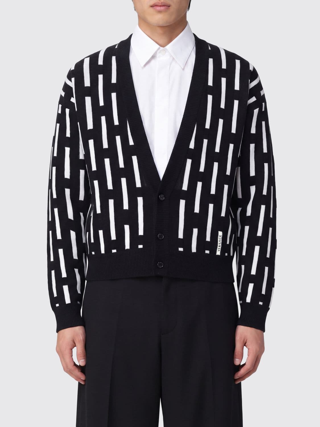Versace Abstract All-Over Pattern Wool Cardigan with V-Neck