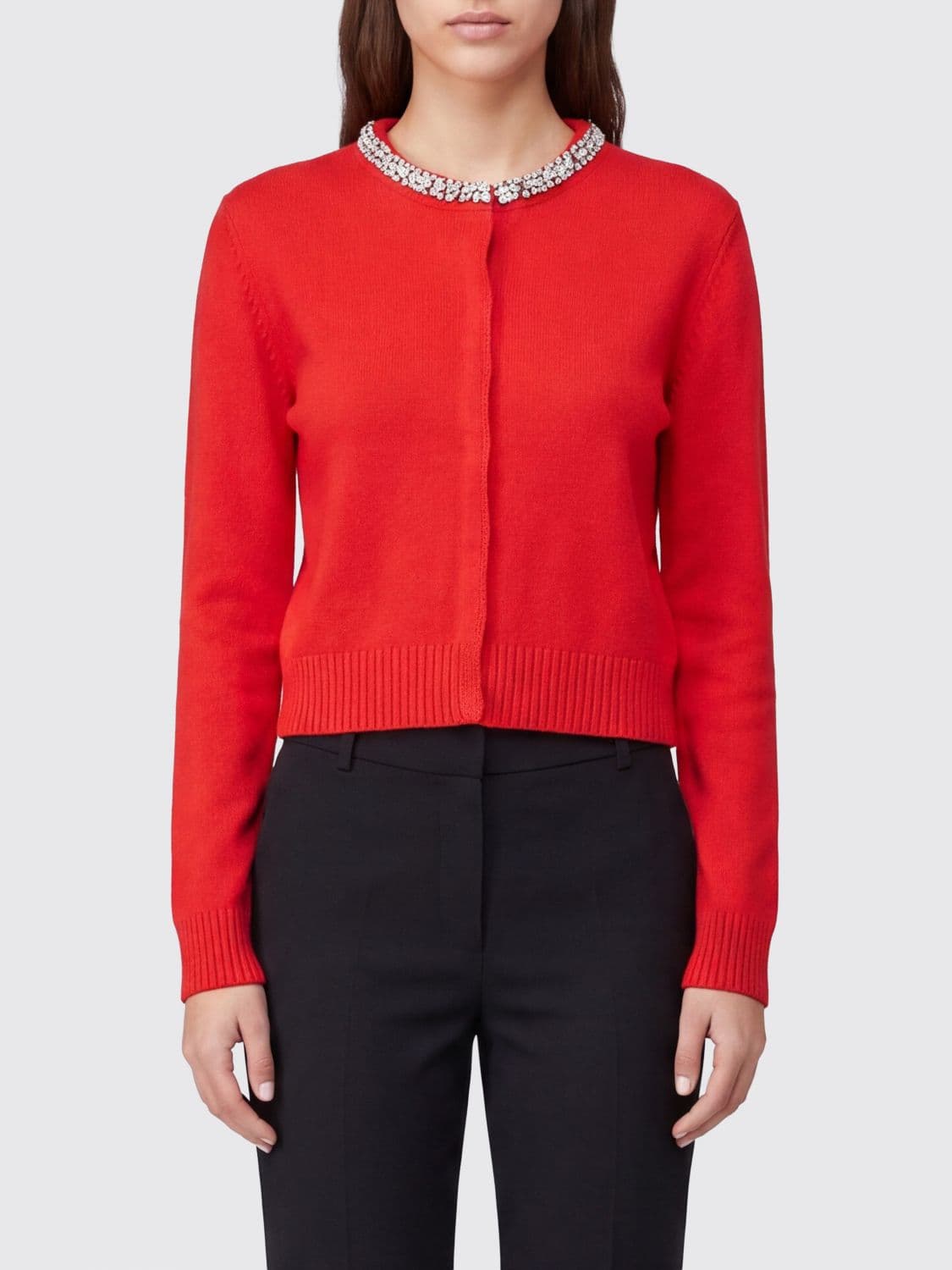 Pinko Crewneck Wool-Blend Cardigan with Crystal Applications