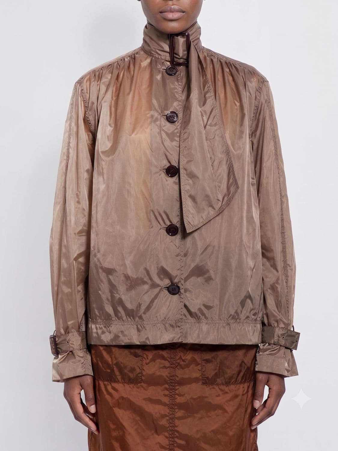 Saint Laurent Nylon Shirt with High Pussy-Bow Collar and Long Sleeves