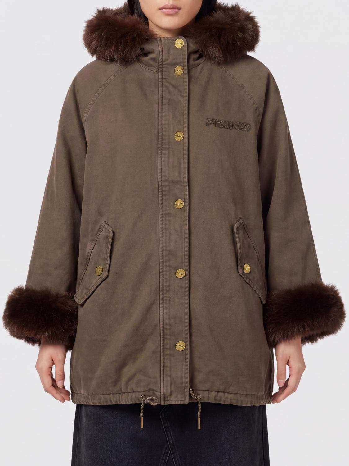 Pinko Cropped Cotton Parka with Hood and Fur Details