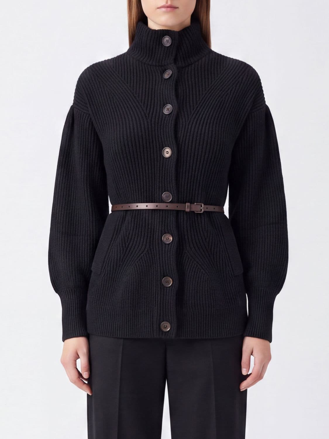Brunello Cucinelli Turtleneck Cardigan in Wool, Cashmere and Silk with Belt