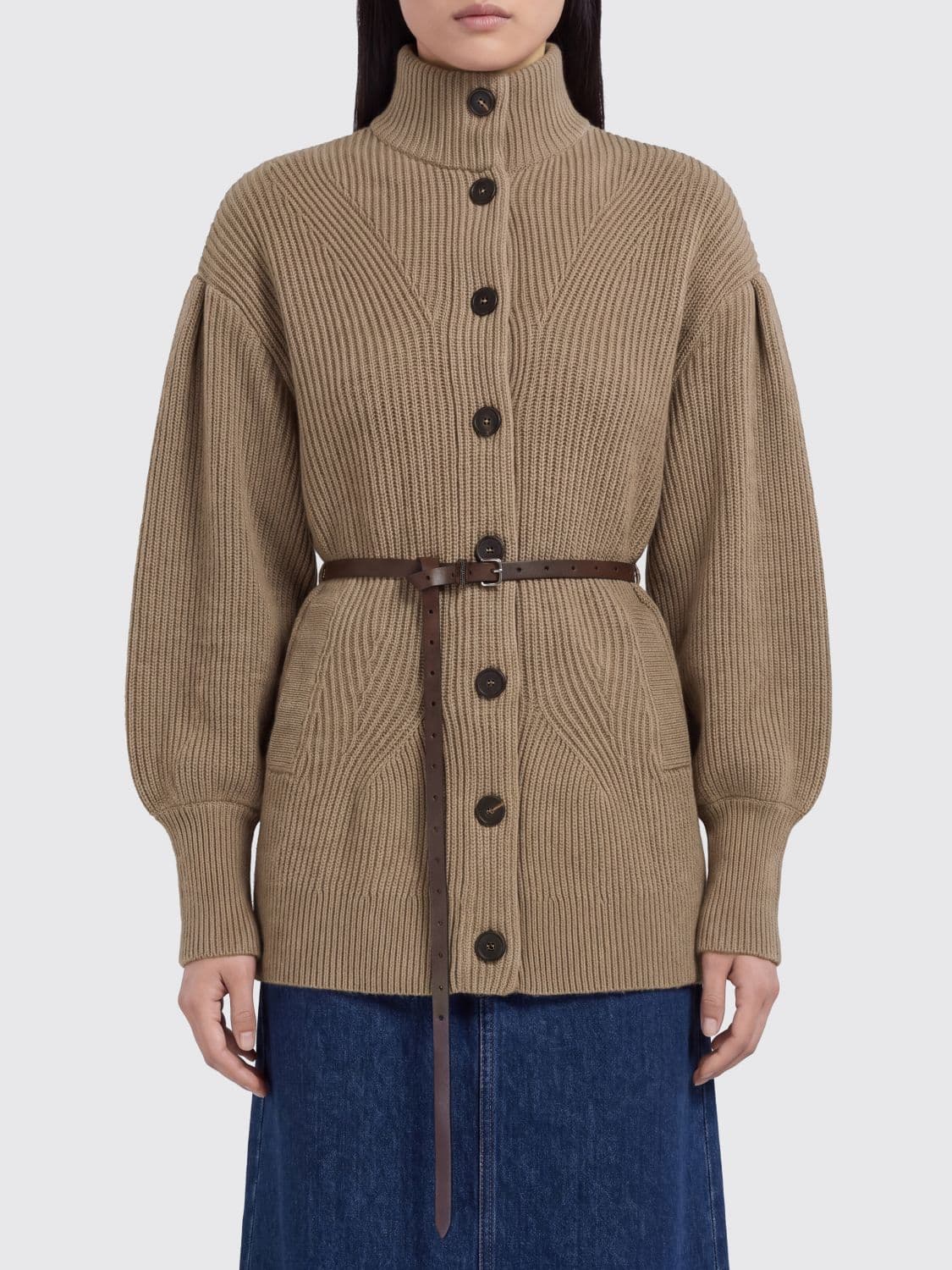 Brunello Cucinelli Turtleneck Cardigan in Wool, Cashmere and Silk with Belt
