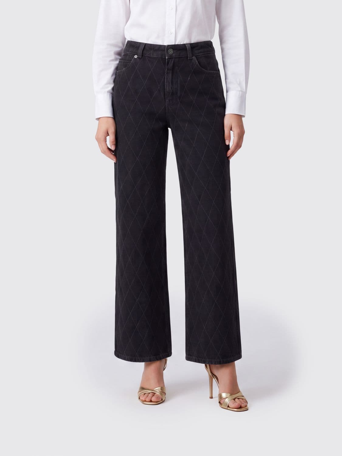 Balmain Mid-Rise Wide-Leg Jeans in Diamond-Pattern Denim
