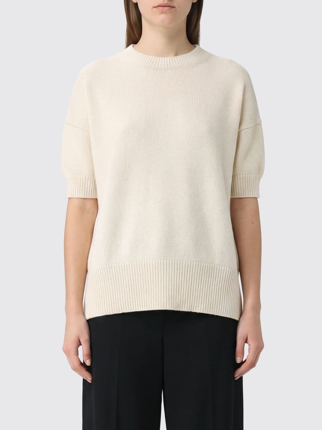 Jil Sander Short-Sleeved Pure Cashmere Jumper with Dropped Shoulders and Crew Neck